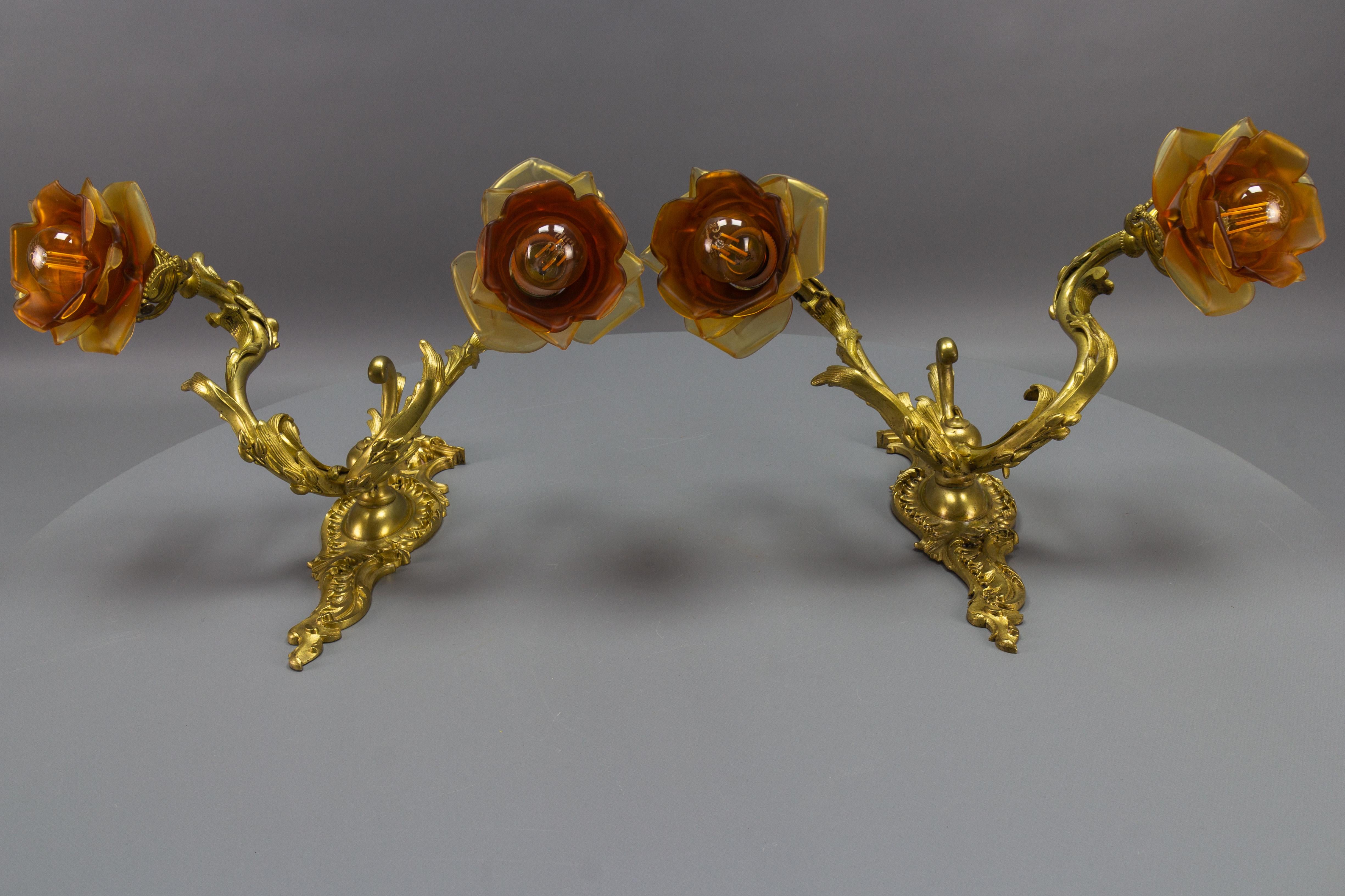 Pair of French Louis XV Style Bronze and Brown Glass Twin Arm Sconces, ca 1900 For Sale 9