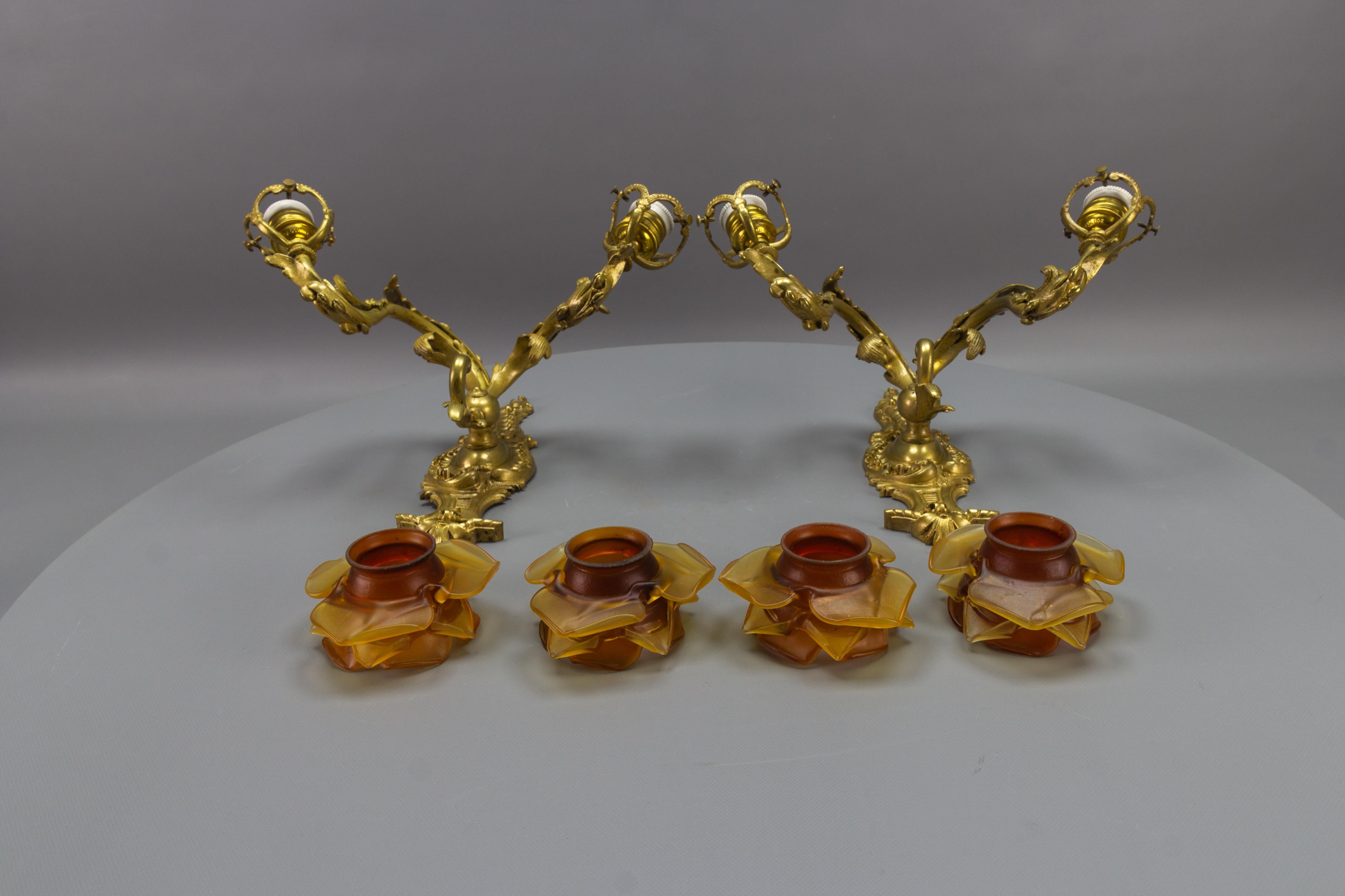 Pair of French Louis XV Style Bronze and Brown Glass Twin Arm Sconces, ca 1900 For Sale 10