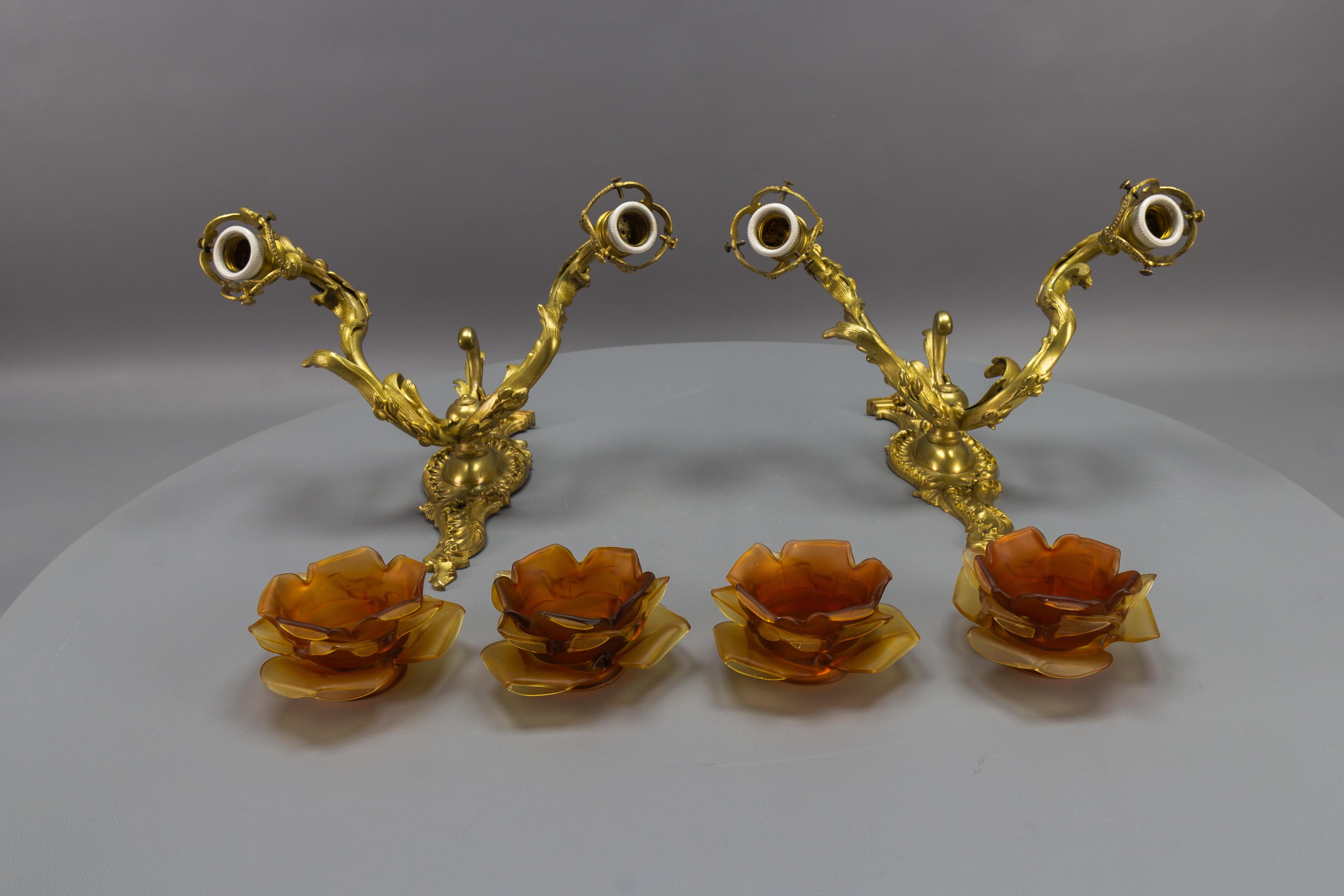 Pair of French Louis XV Style Bronze and Brown Glass Twin Arm Sconces, ca 1900 For Sale 11