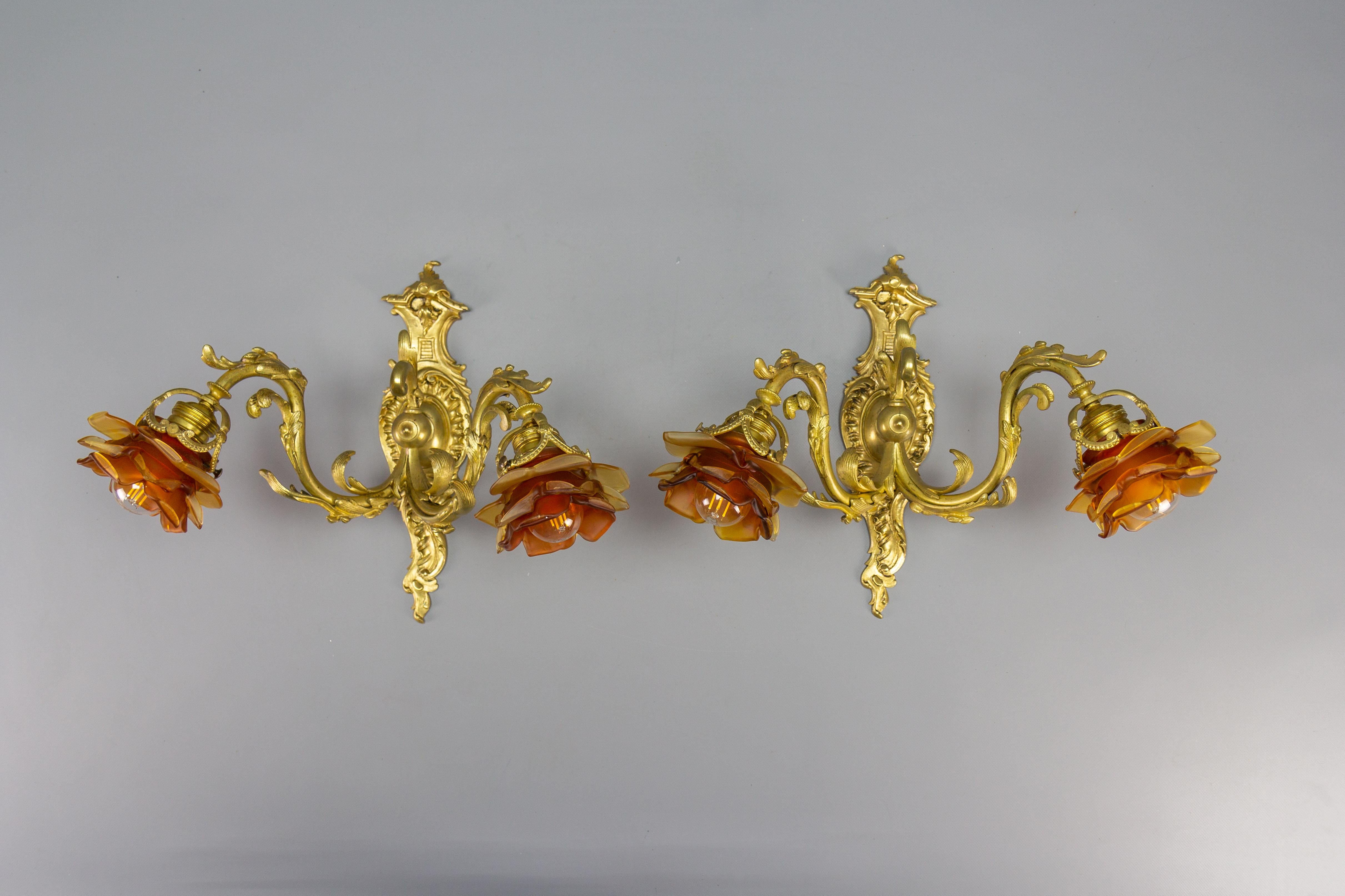 Pair of French Louis XV Style Bronze and Brown Glass Twin Arm Sconces, ca 1900 For Sale 2