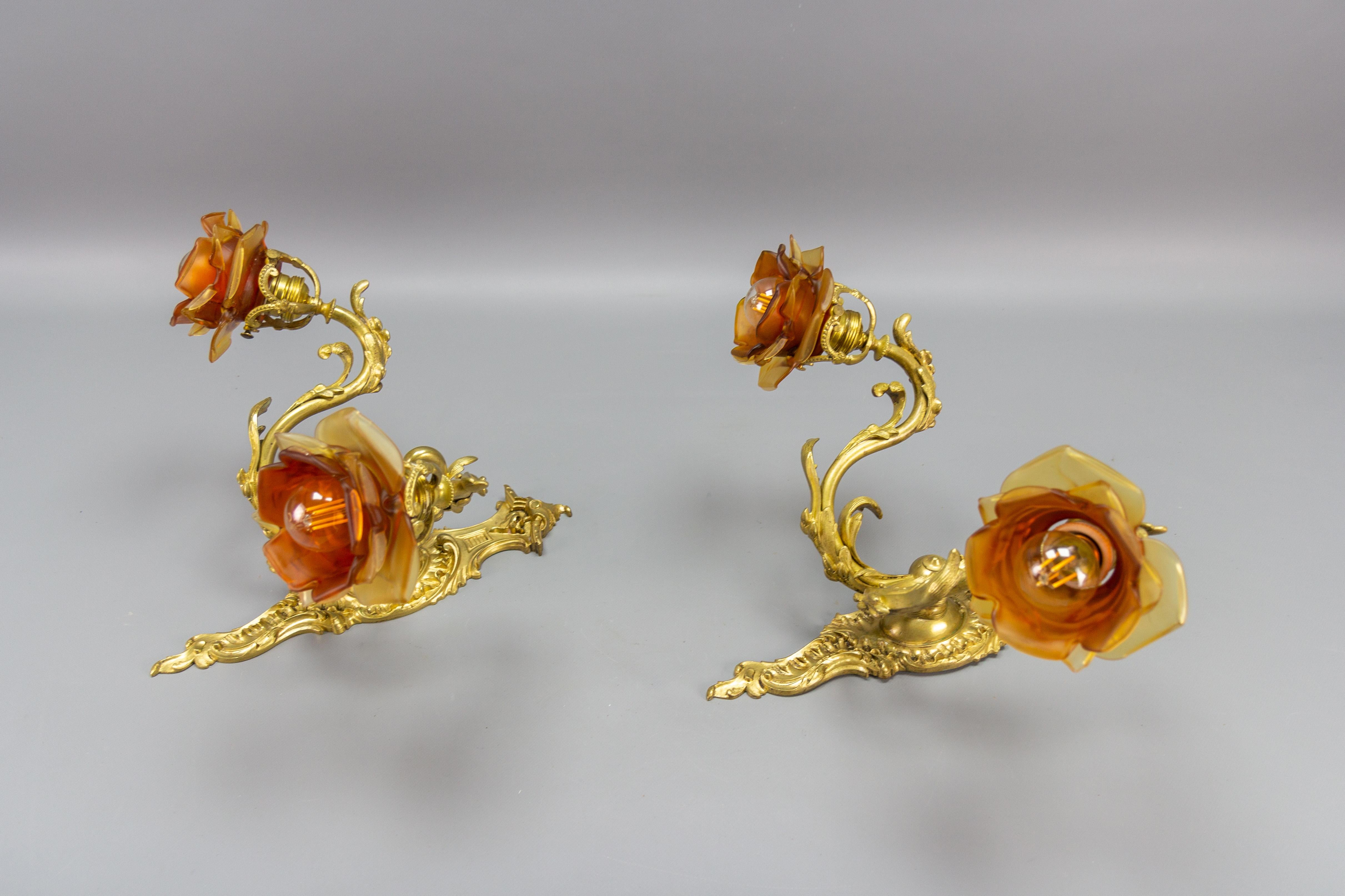 Pair of French Louis XV Style Bronze and Brown Glass Twin Arm Sconces, ca 1900 For Sale 3