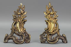 Pair of French Louis XV Style Bronze and Iron Firedogs