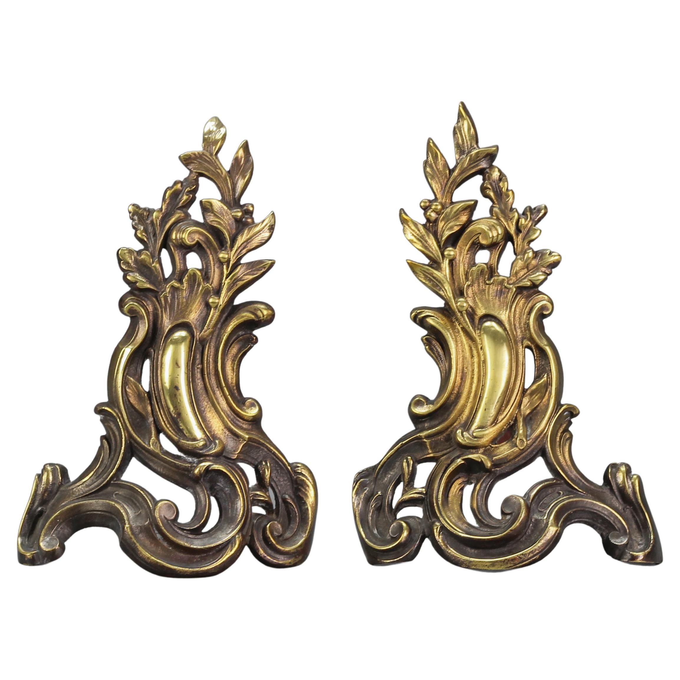 Pair of French Louis XV Style Bronze and Iron Firedogs