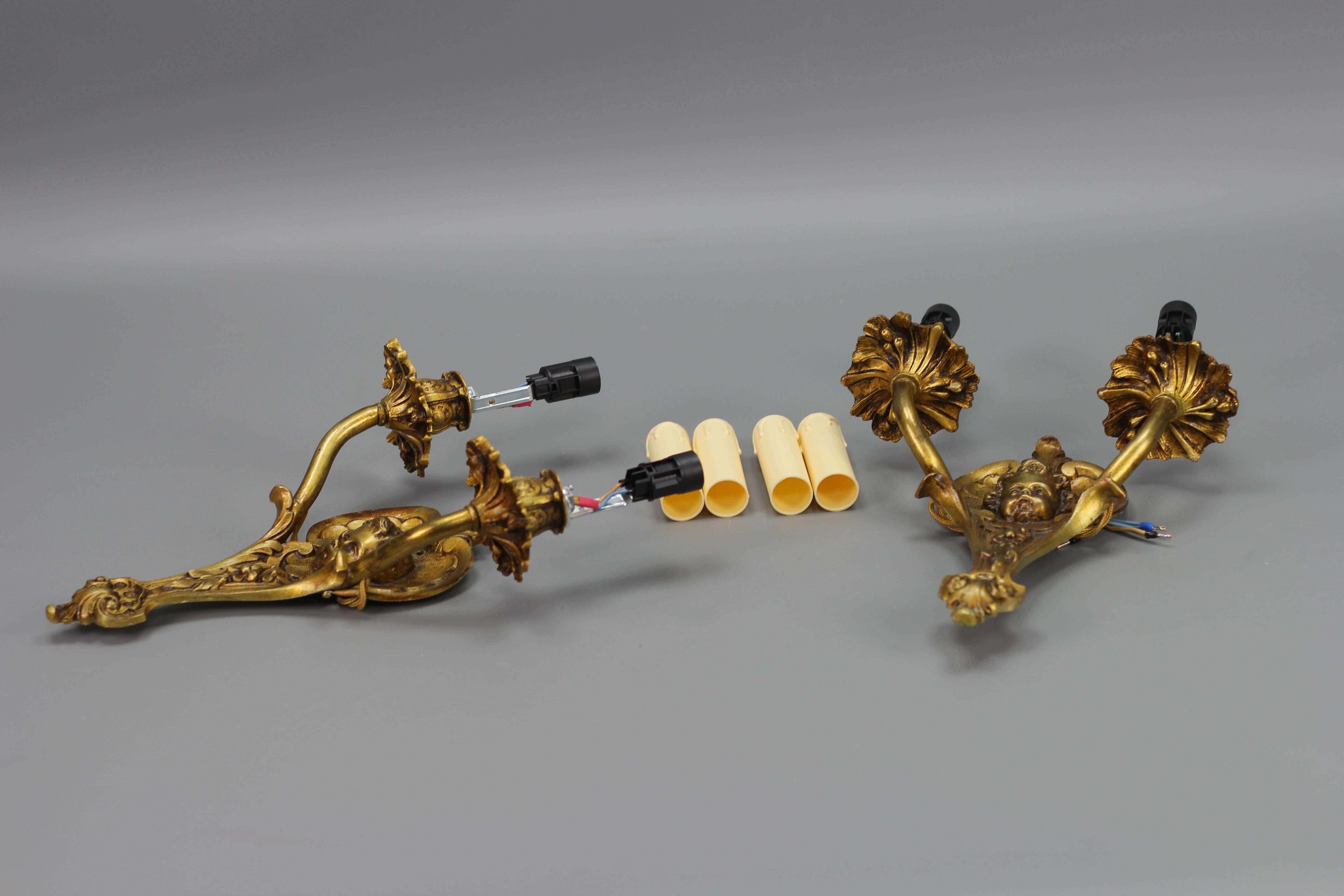 Pair of French Louis XV Style Bronze Cherubs Head Twin Arm Wall Sconces, 1930s 11