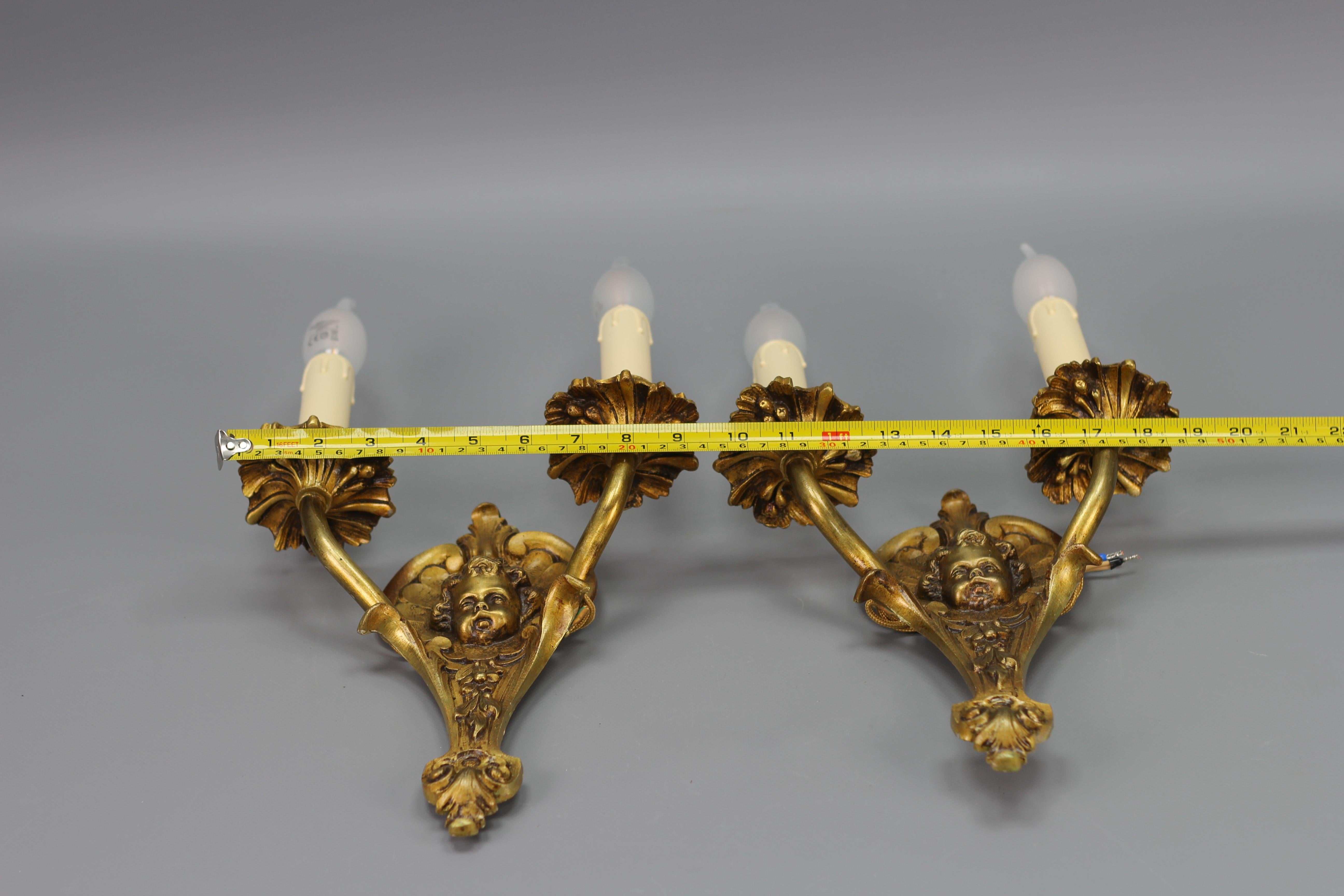 Pair of French Louis XV Style Bronze Cherubs Head Twin Arm Wall Sconces, 1930s 14