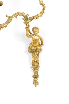 Pair of French Louis XV Style Bronze Dore Cherub Wall Sconces
