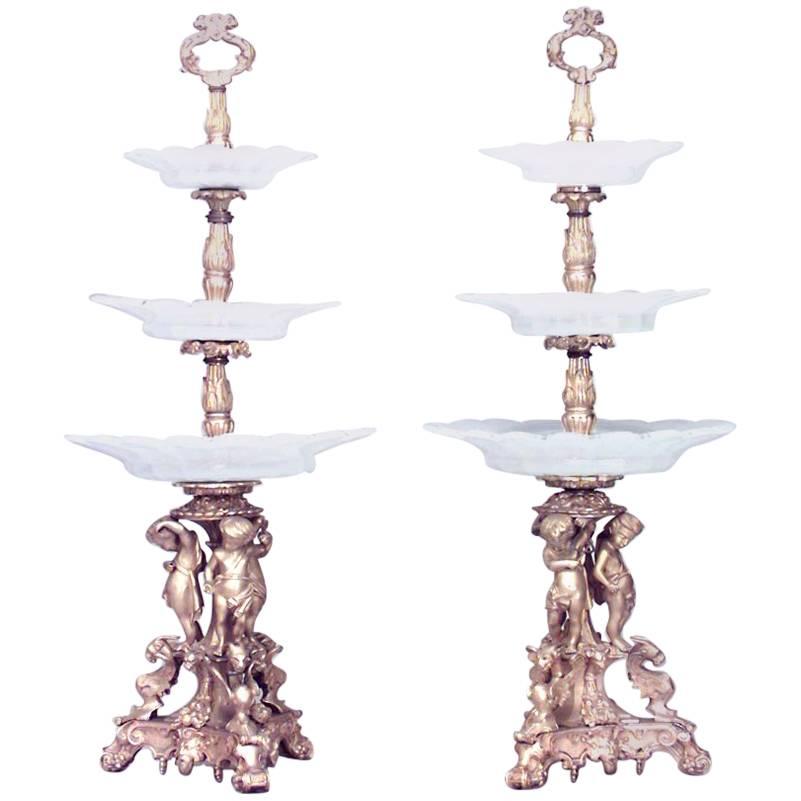 Pair of French Louis XV Bronze Dore 3-Tier Compotes For Sale
