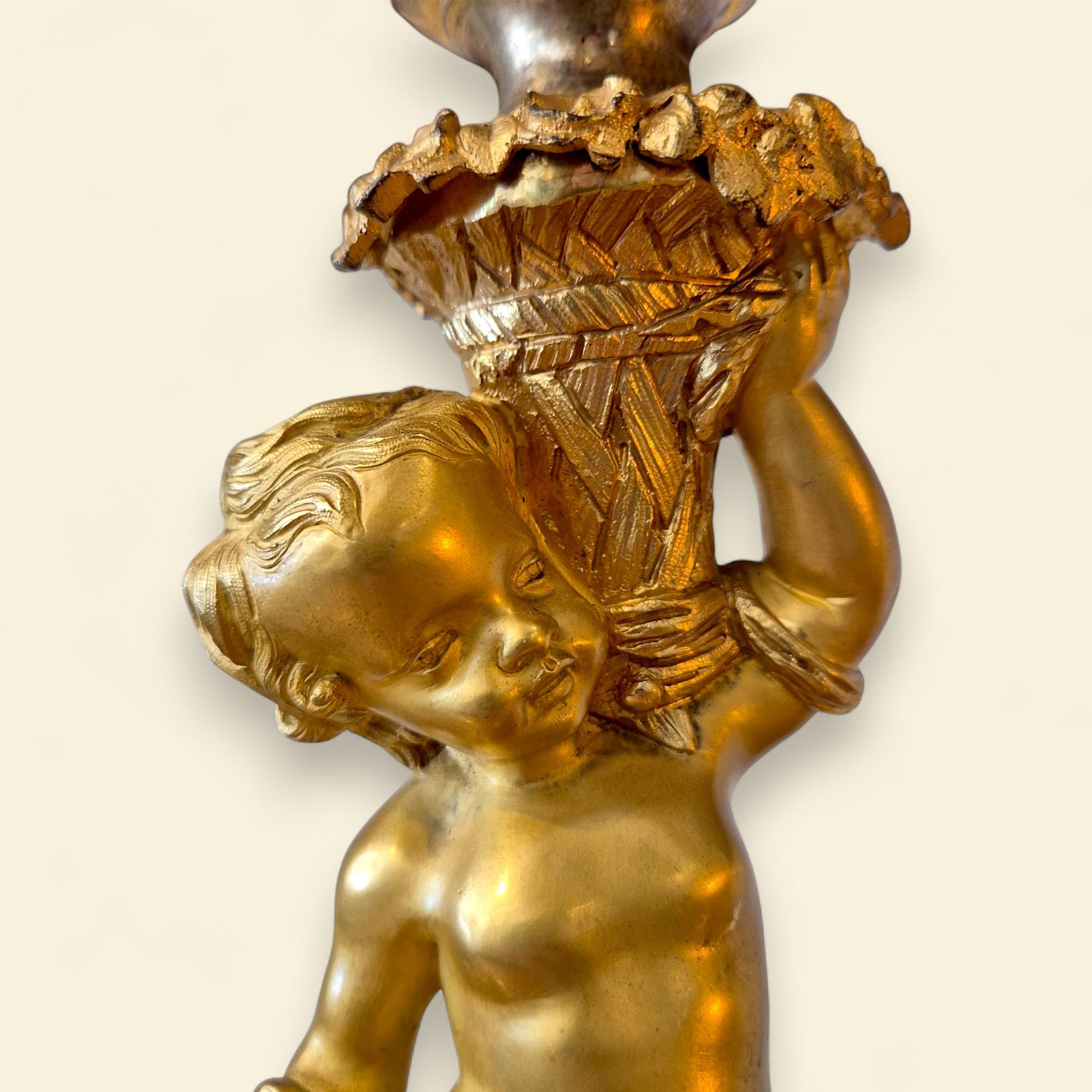 Pair of French Louis XV Style Bronze Dore Cupid Candelabras, 19th Century For Sale 6