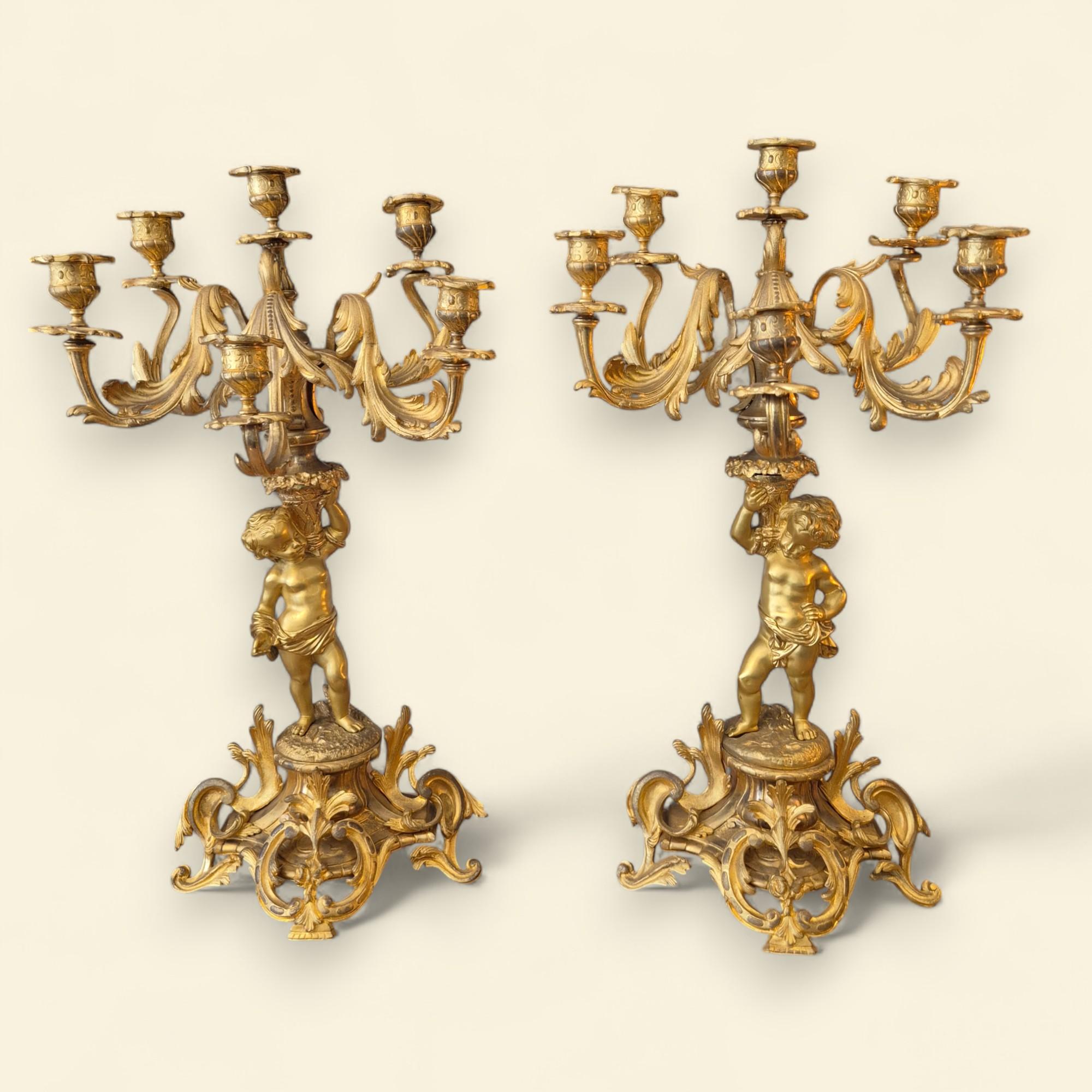 Pair of French Louis XV Style Bronze Dore Cupid Candelabras, 19th Century For Sale 8