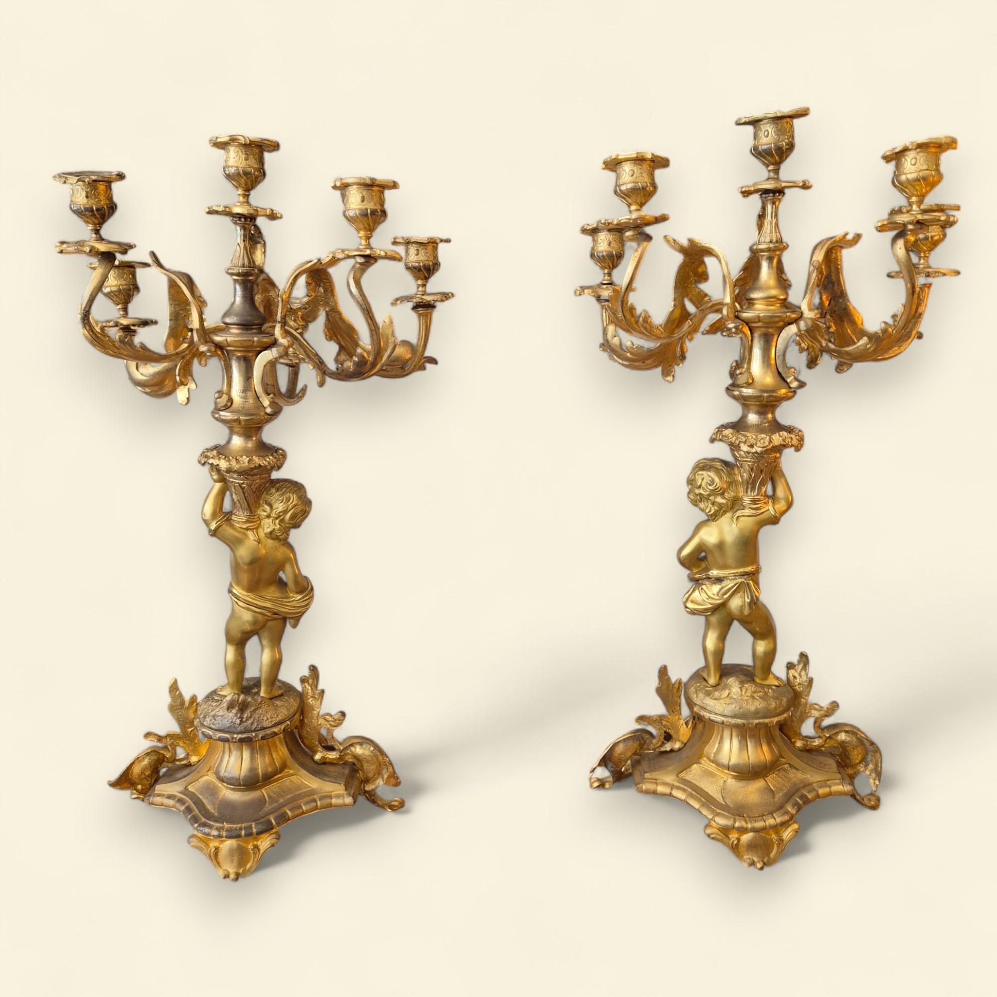 Pair of French Louis XV Style Bronze Dore Cupid Candelabras, 19th Century For Sale 9