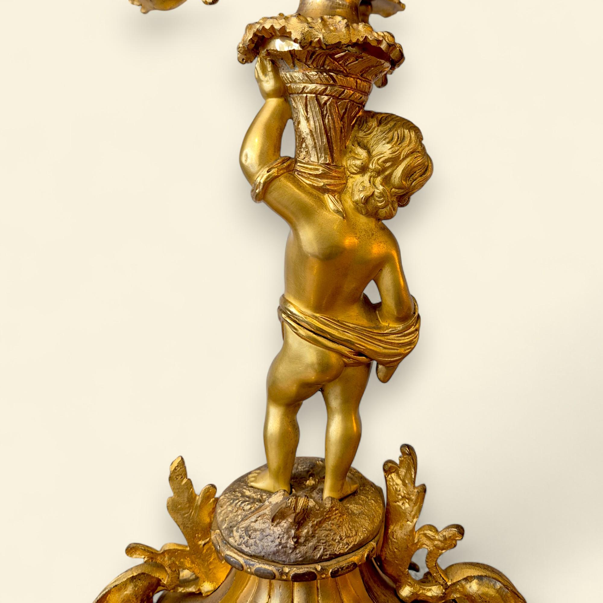 Pair of French Louis XV Style Bronze Dore Cupid Candelabras, 19th Century For Sale 10
