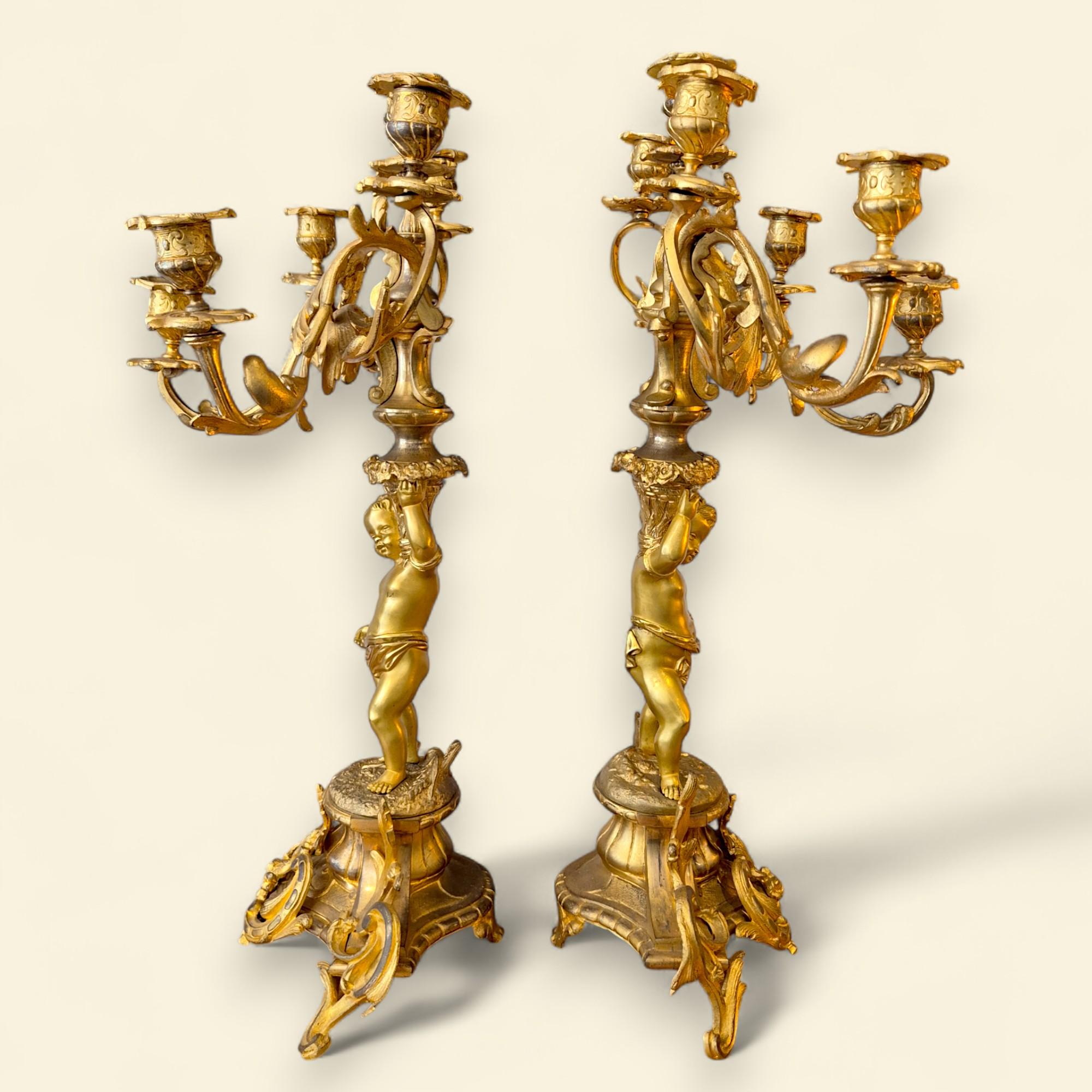 Pair of French Louis XV Style Bronze Dore Cupid Candelabras, 19th Century For Sale 11