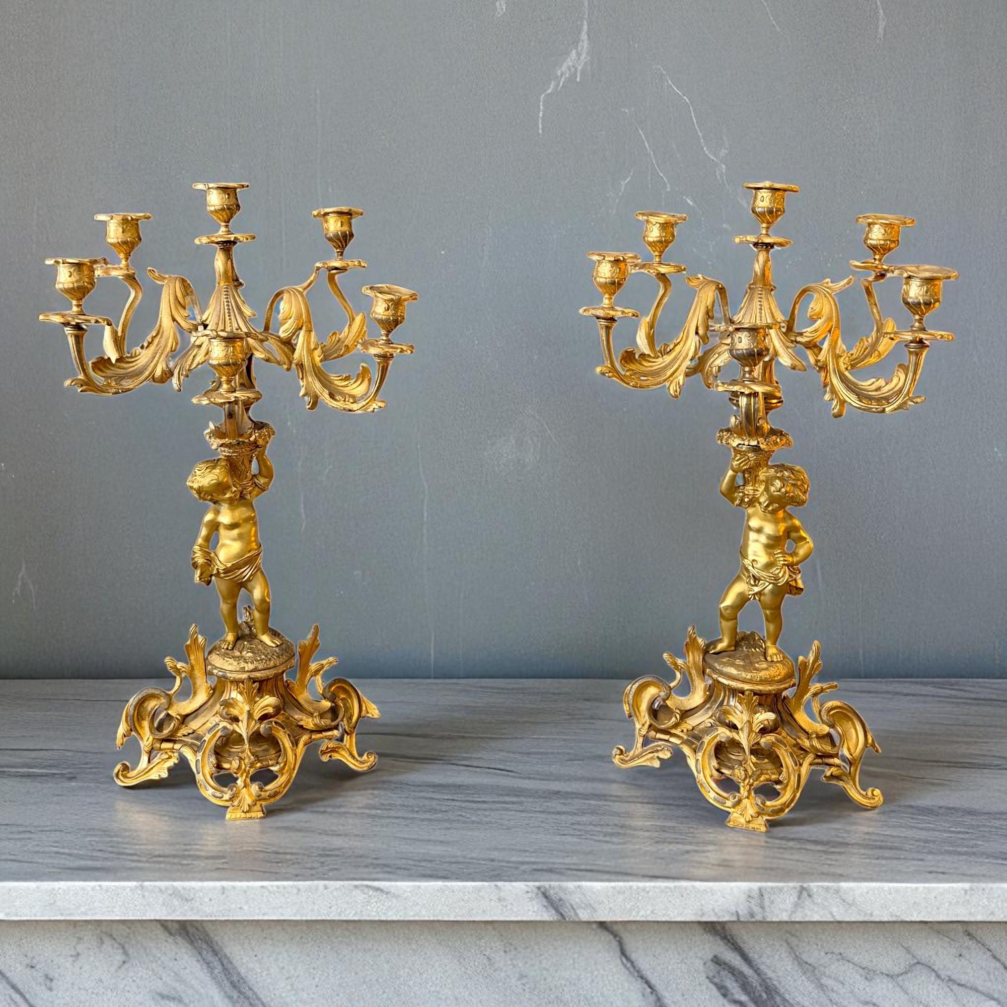 Pair of French Louis XV Style Bronze Dore Cupid Candelabras, 19th Century For Sale 16