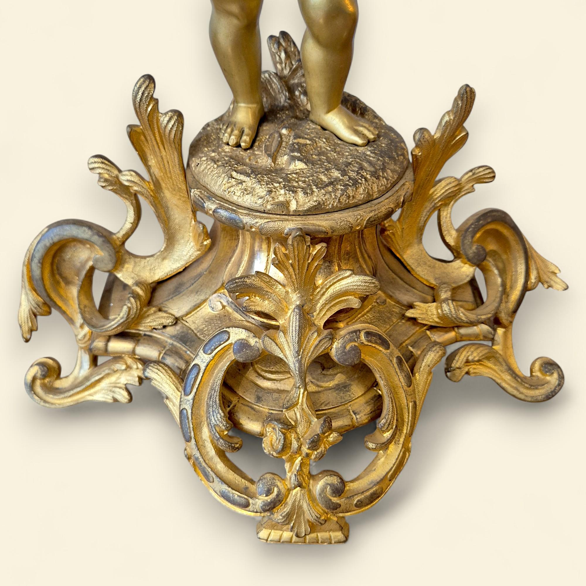 Pair of French Louis XV Style Bronze Dore Cupid Candelabras, 19th Century For Sale 1