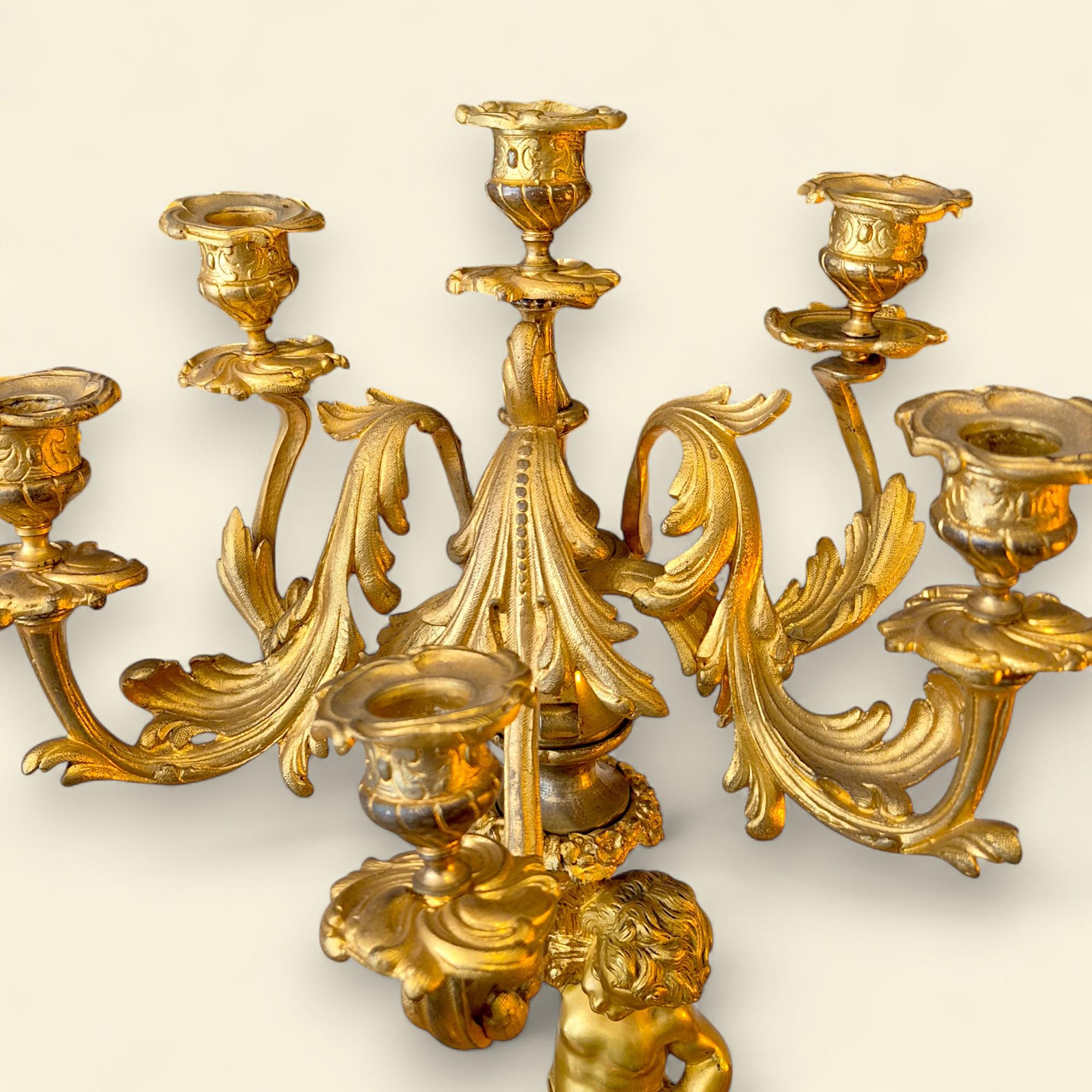 Pair of French Louis XV Style Bronze Dore Cupid Candelabras, 19th Century For Sale 5