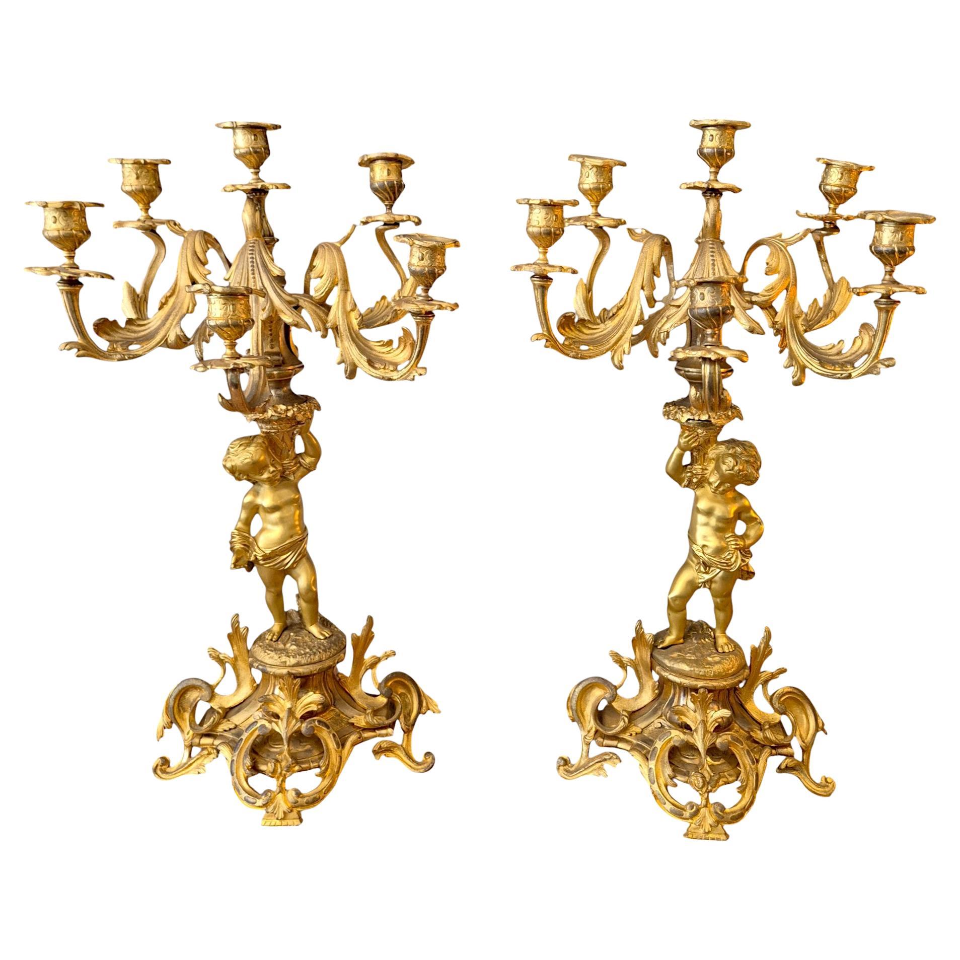 Pair of French Louis XV Style Bronze Dore Cupid Candelabras, 19th Century For Sale