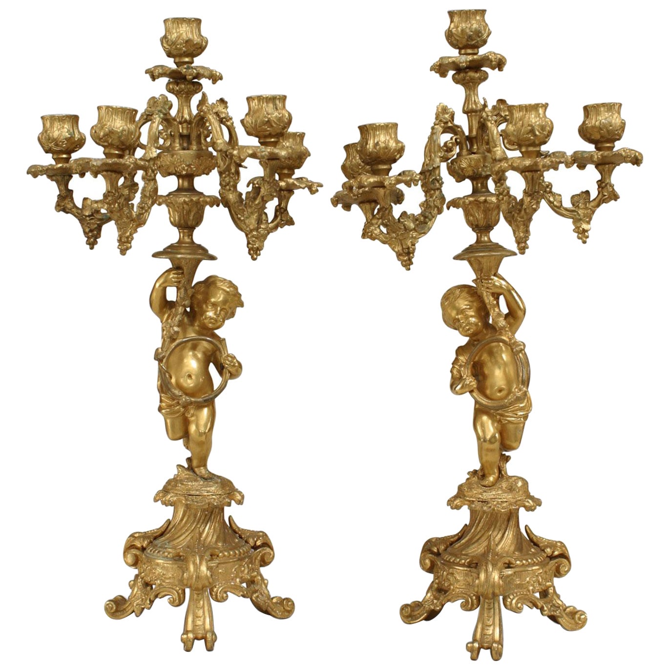 Pair of French Louis XV Style Bronze Dore Cupid Candelabras