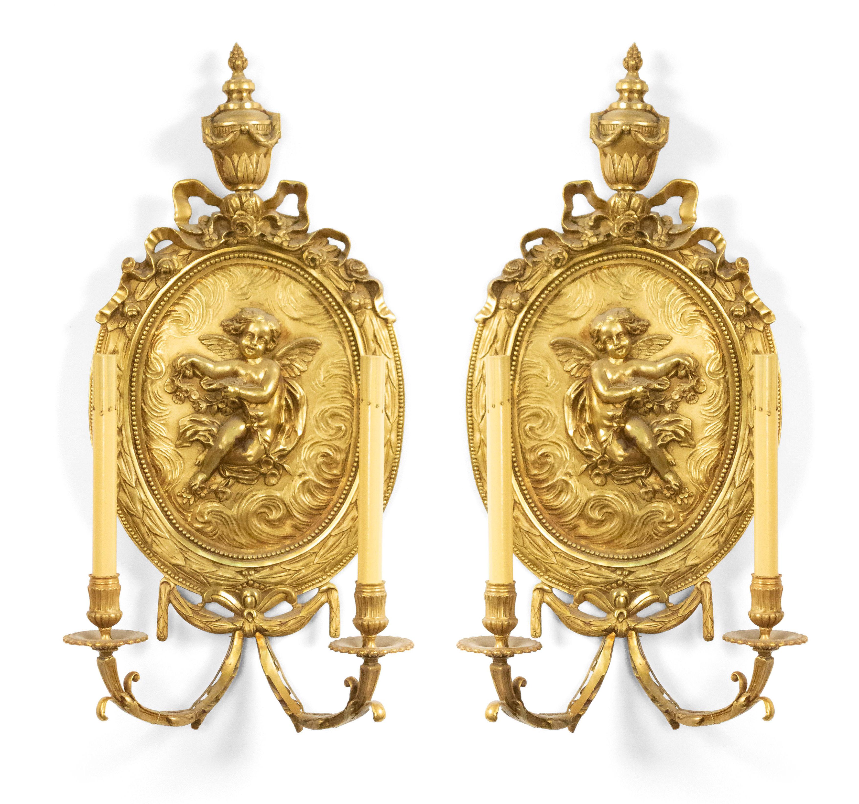 Giltwood Pair of French Louis XV Style Bronze Dore Cupid Wall Sconces For Sale