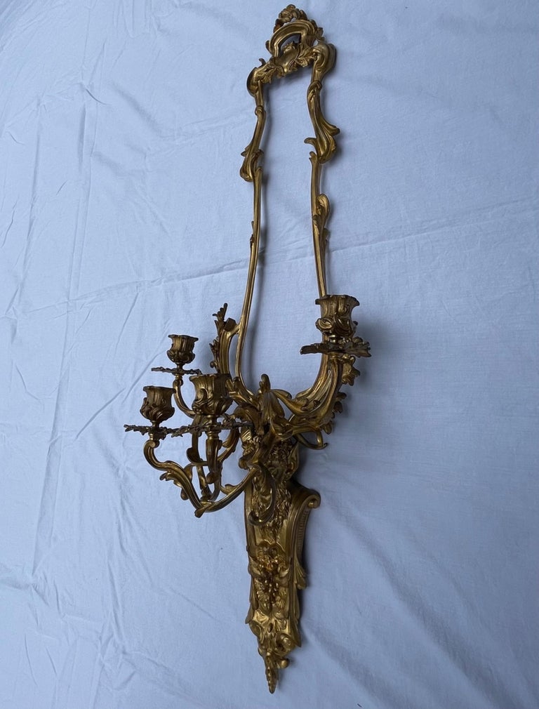 Gilt Pair of French Louis XV Style Bronze Four Light Sconces For Sale