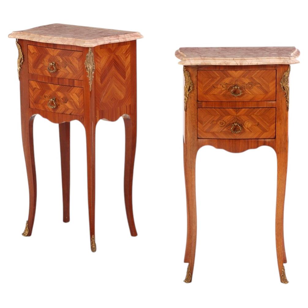 Pair of French Louis XV Style Bronze-Mounted Marble-Top Nightstands, C. 1950