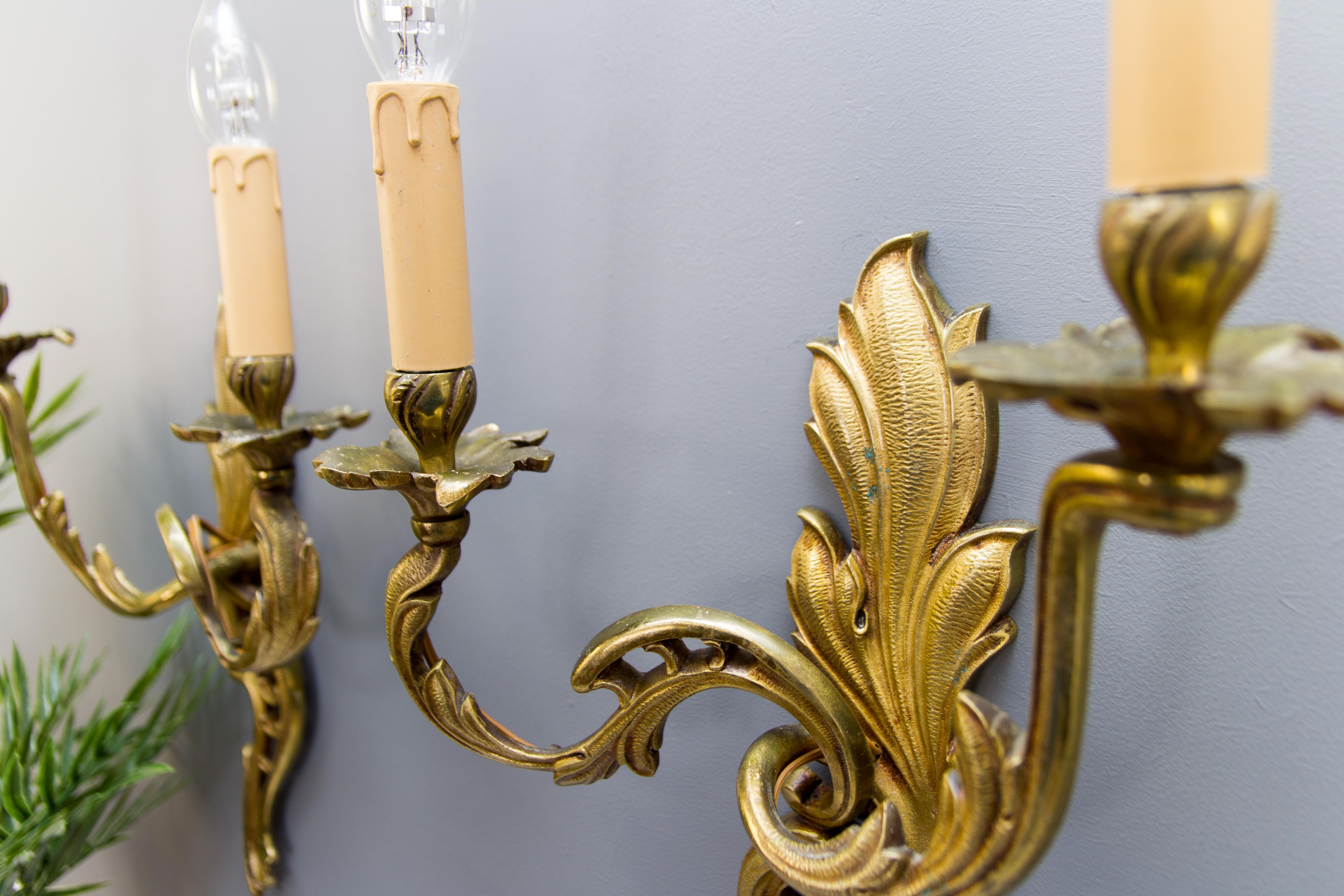 Pair of French Louis XV Style Two-Light Bronze Sconces For Sale 6