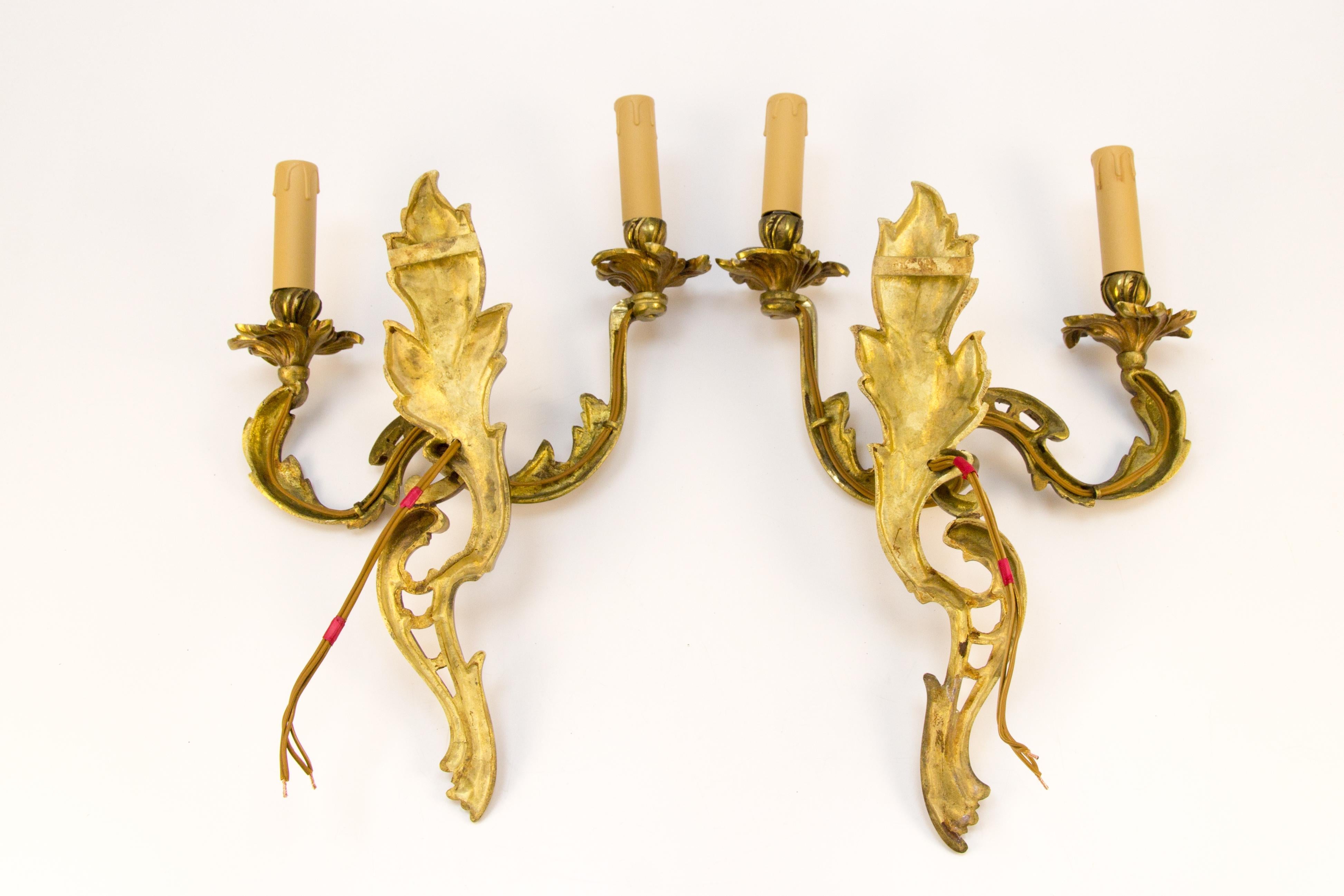 Pair of French Louis XV Style Two-Light Bronze Sconces For Sale 7
