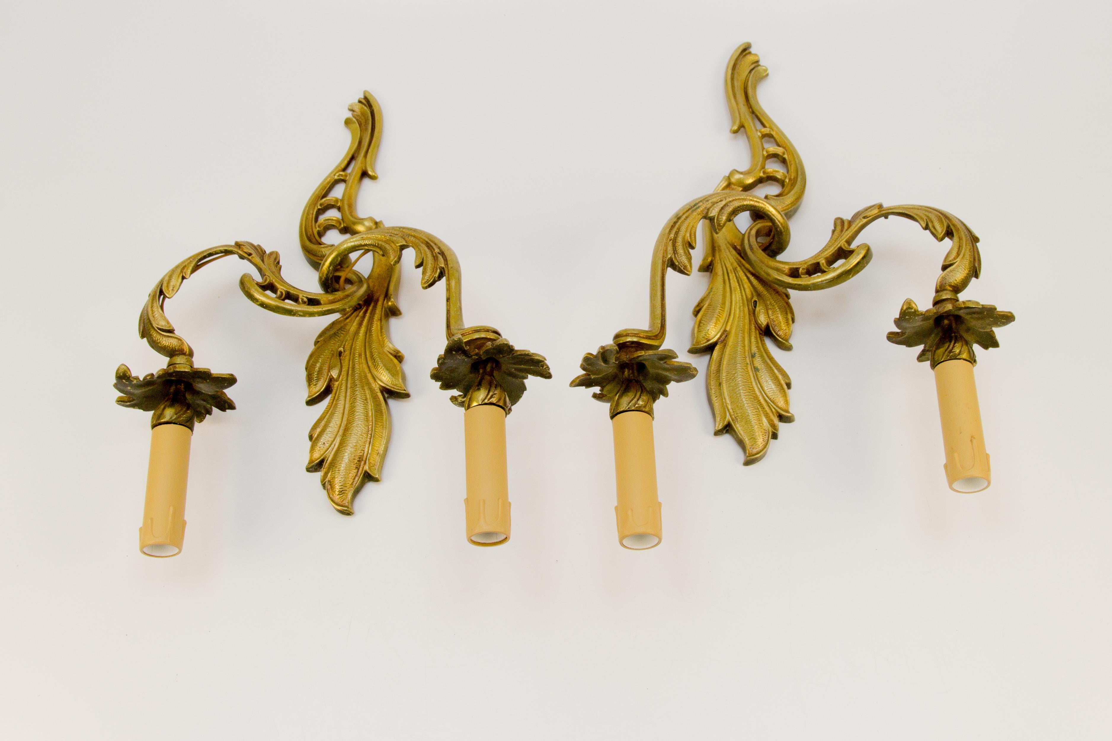 Pair of French Louis XV Style Two-Light Bronze Sconces For Sale 12
