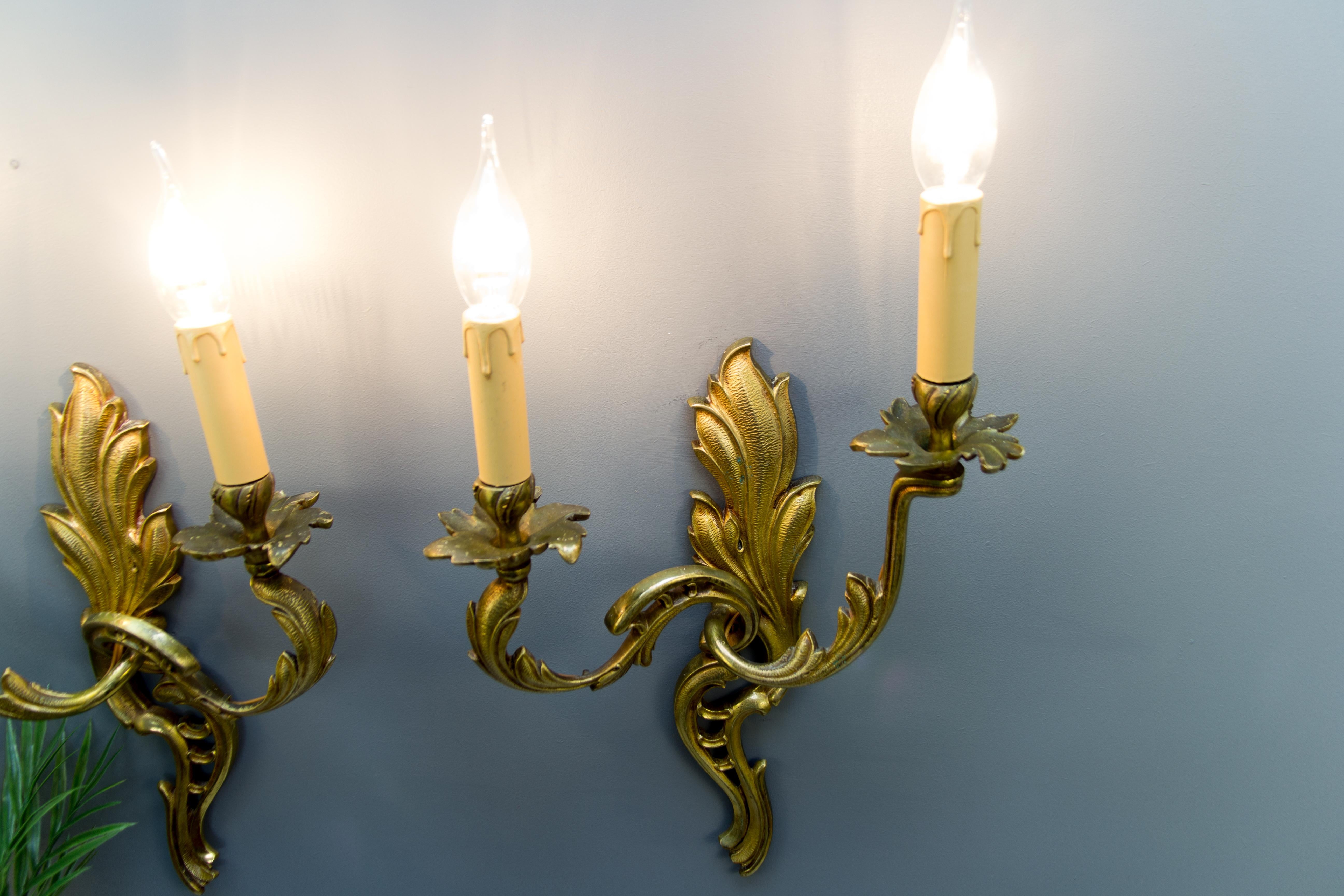 Pair of French Louis XV Style Two-Light Bronze Sconces For Sale 1