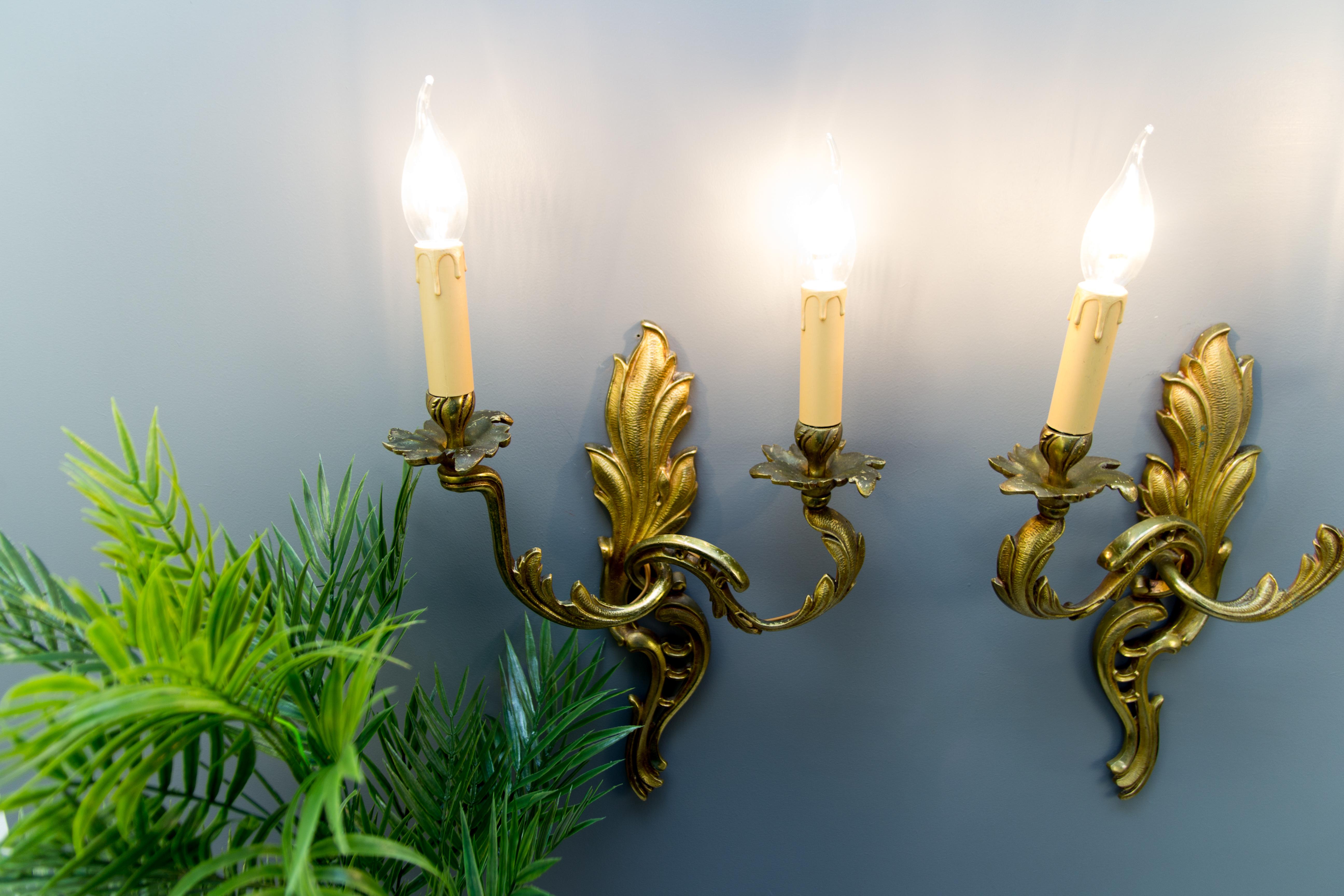 Pair of French Louis XV Style Two-Light Bronze Sconces For Sale 2