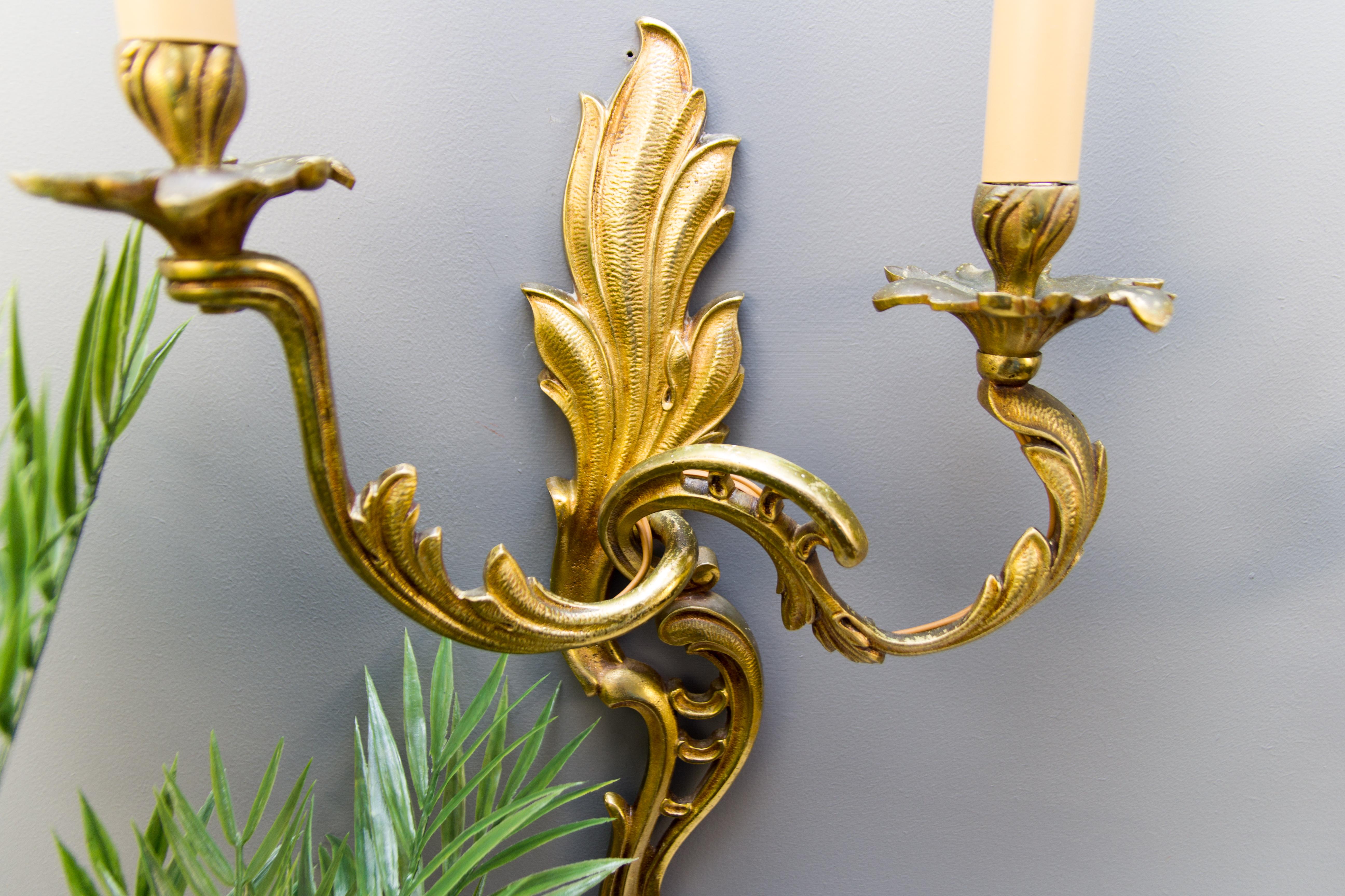 Pair of French Louis XV Style Two-Light Bronze Sconces For Sale 3