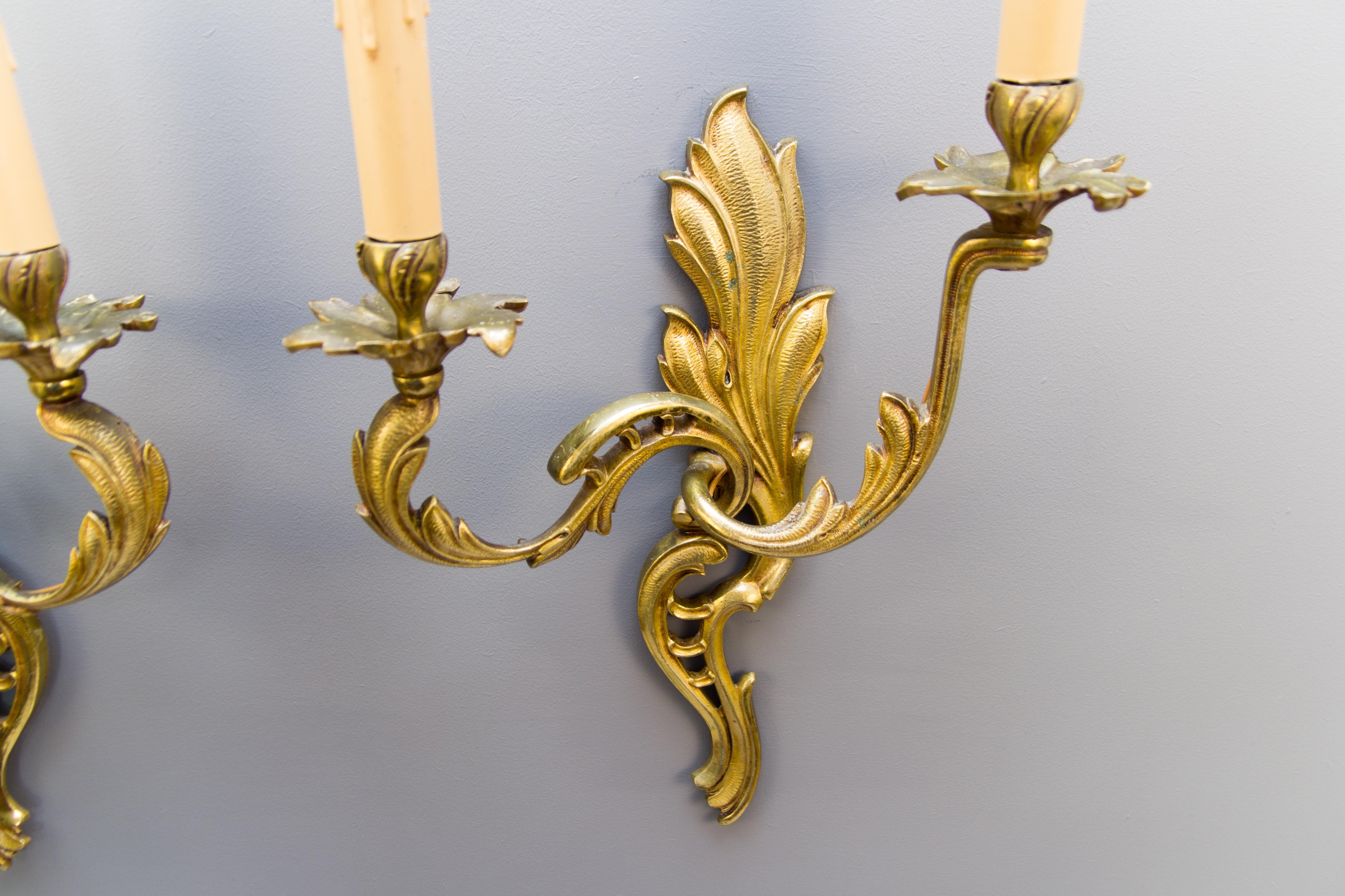 Pair of French Louis XV Style Two-Light Bronze Sconces For Sale 4