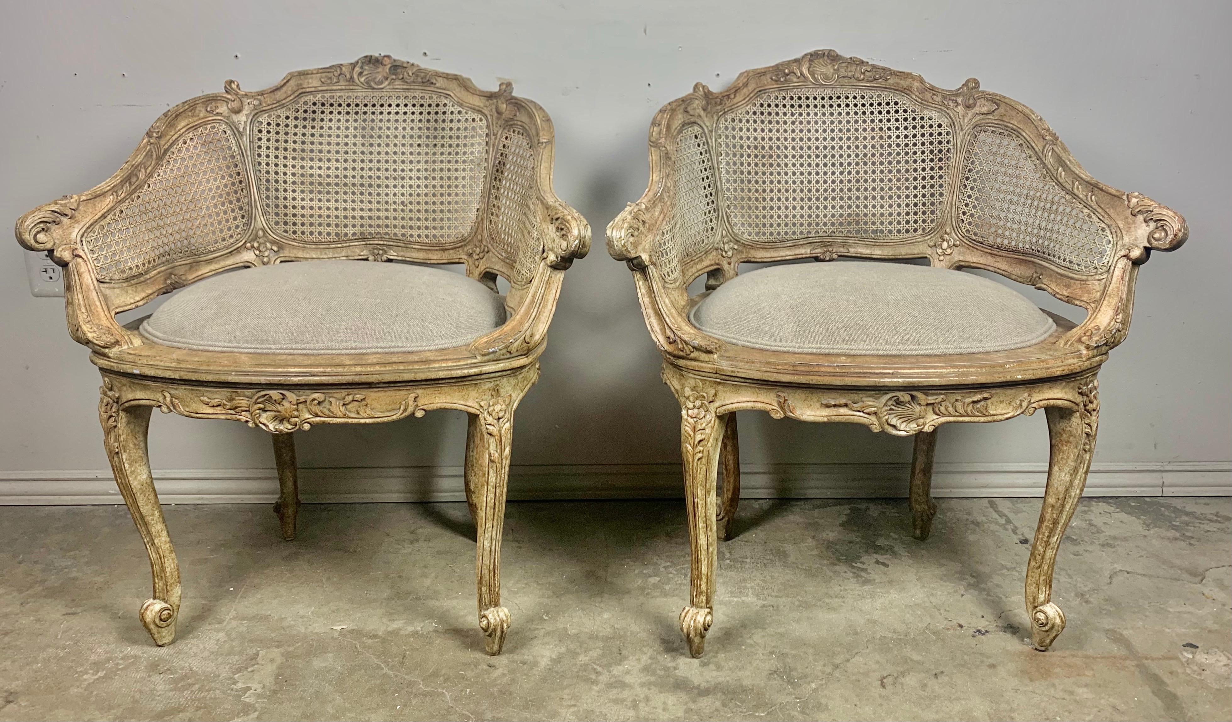Hand-Painted Pair of French Louis XV Style Cane Armchairs, circa 1930