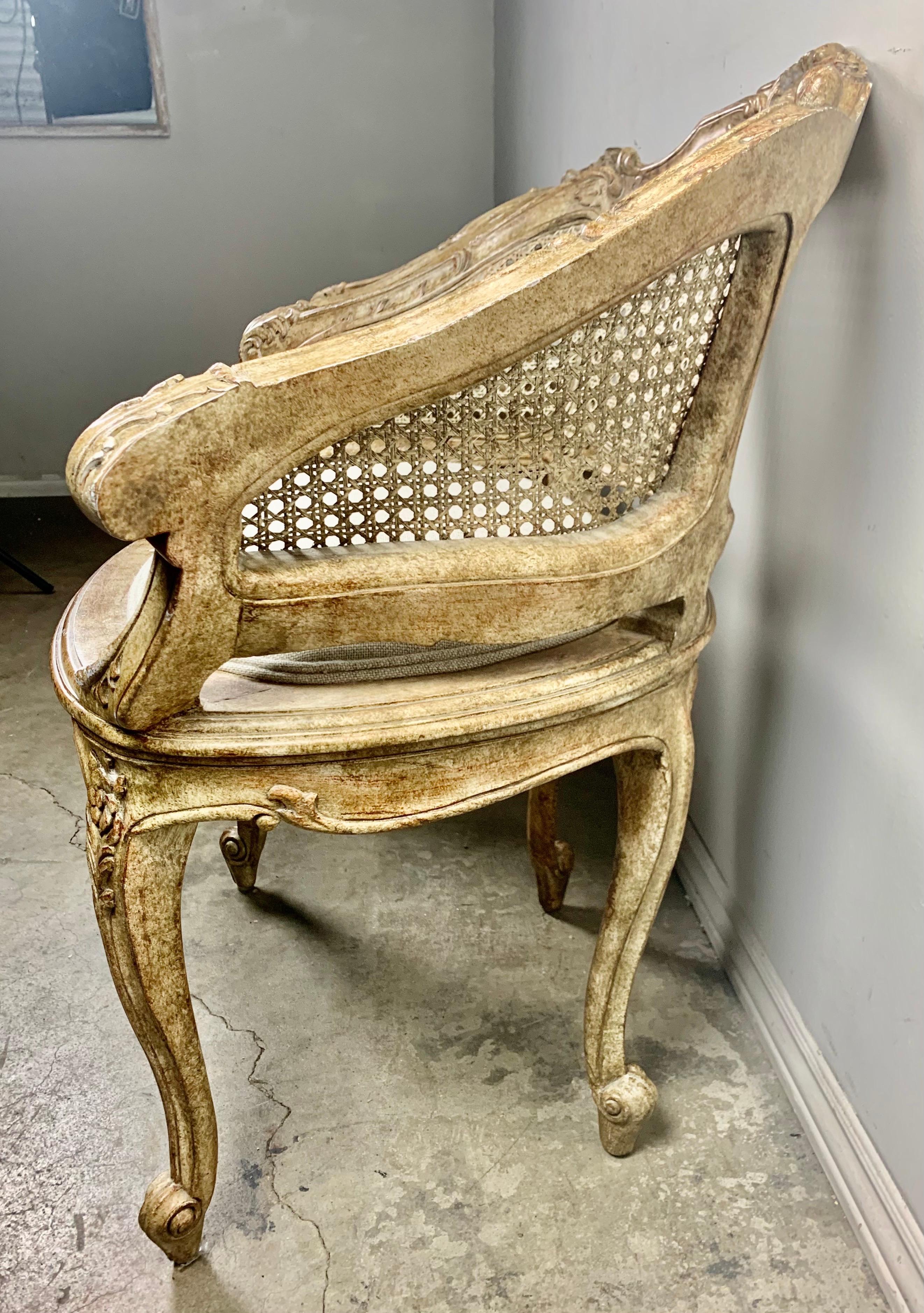 Pair of French Louis XV Style Cane Armchairs, circa 1930 In Distressed Condition In Los Angeles, CA