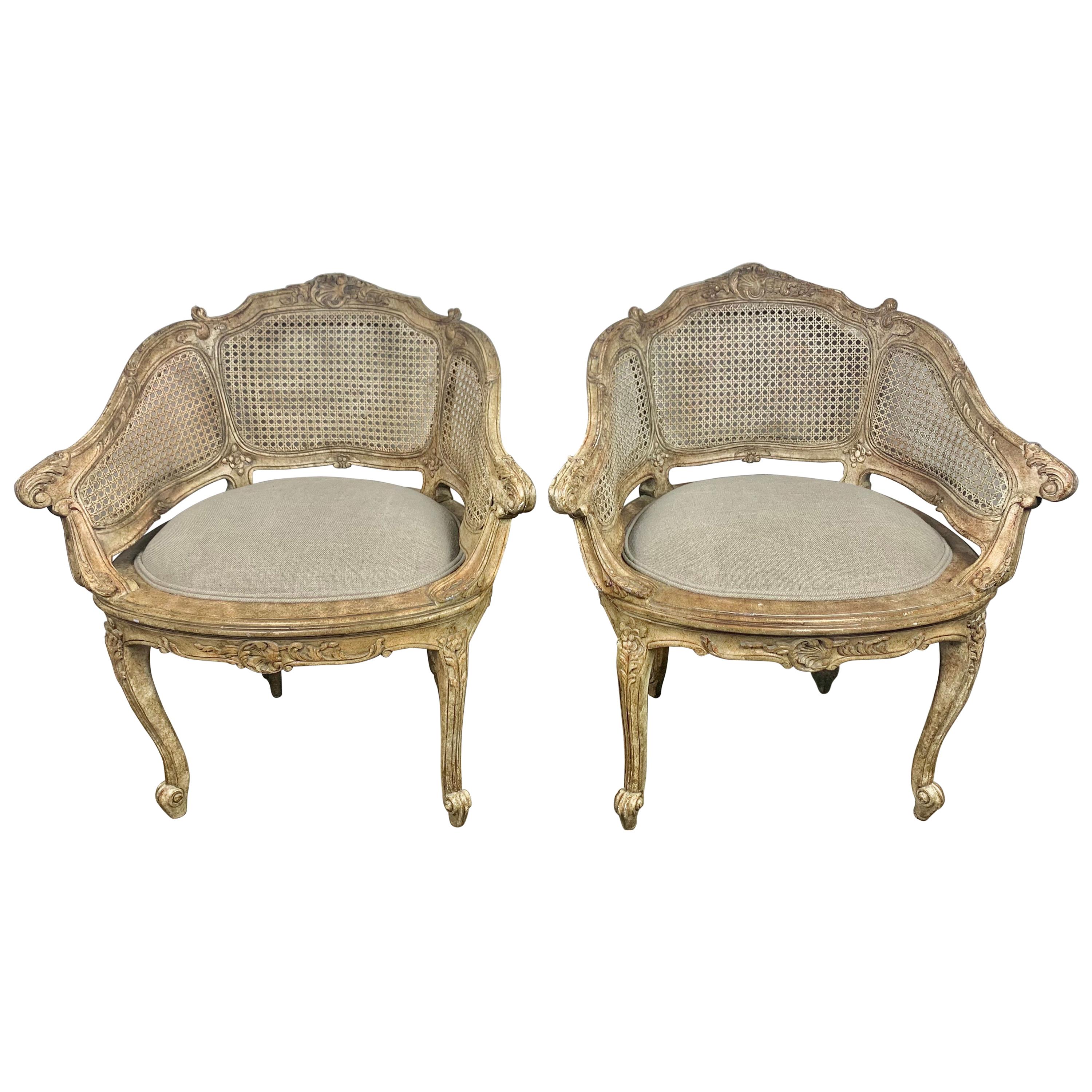 Pair of French Louis XV Style Cane Armchairs, circa 1930