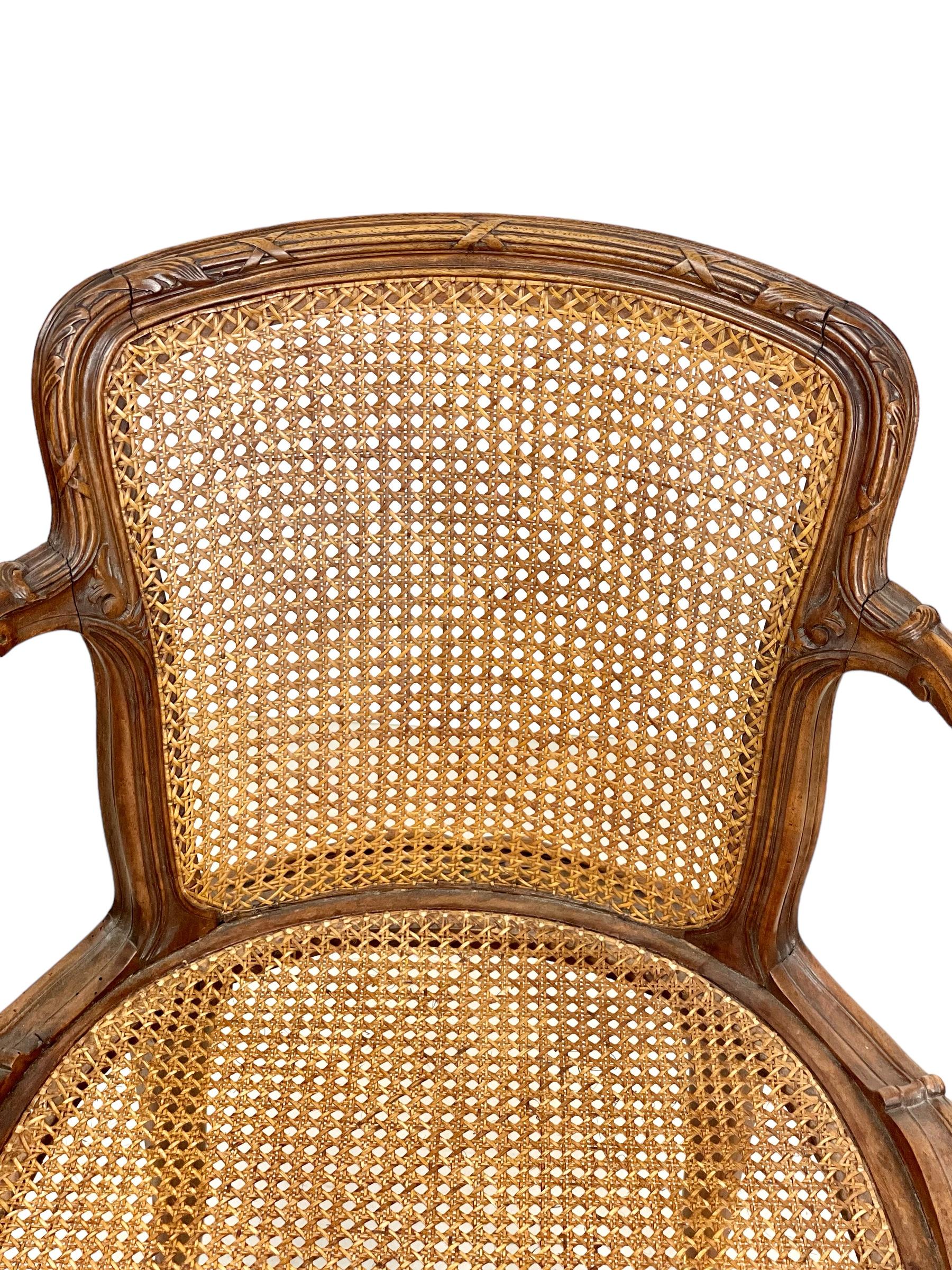Walnut Pair of French Louis XV Style Caned Armchairs