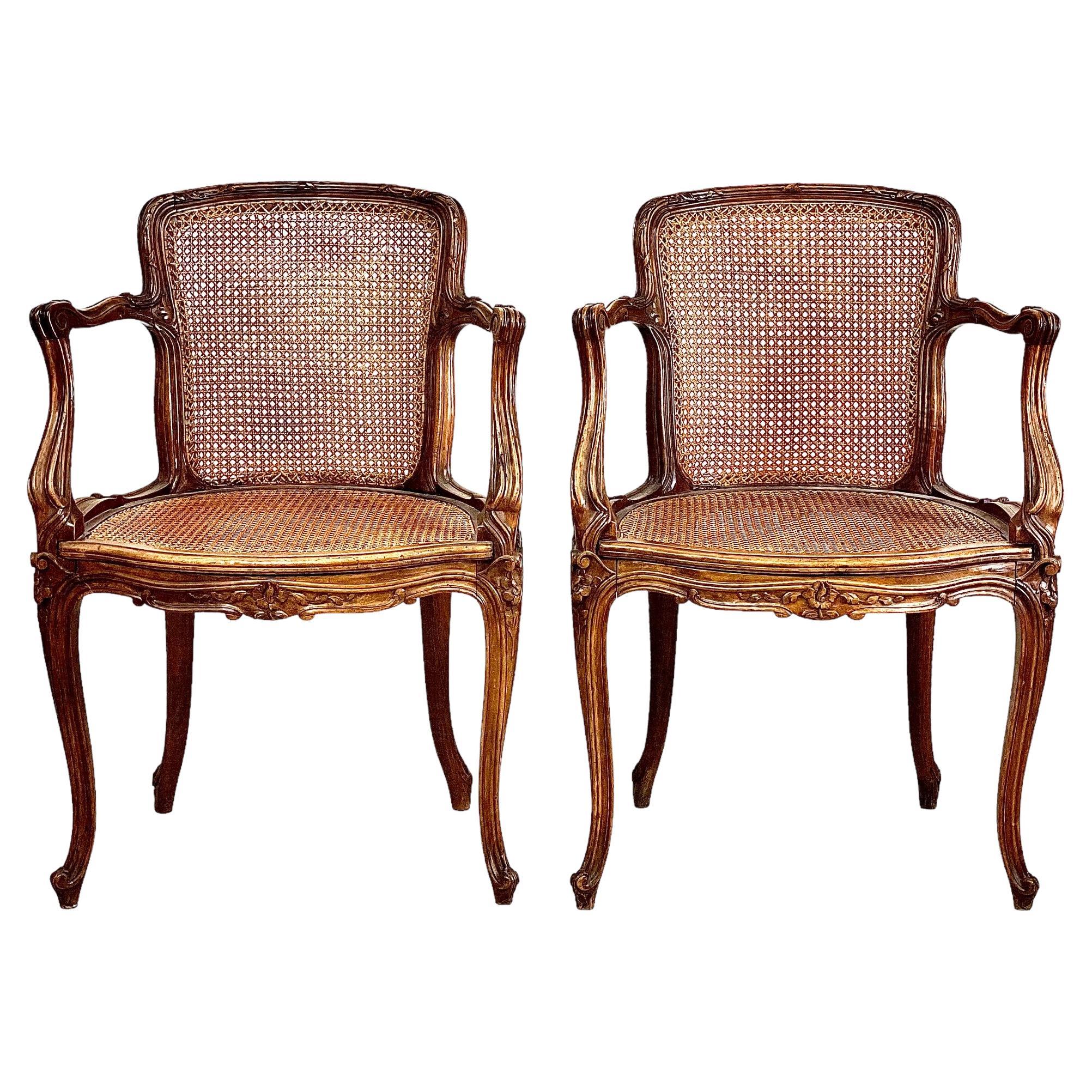 Pair of French Louis XV Style Caned Armchairs