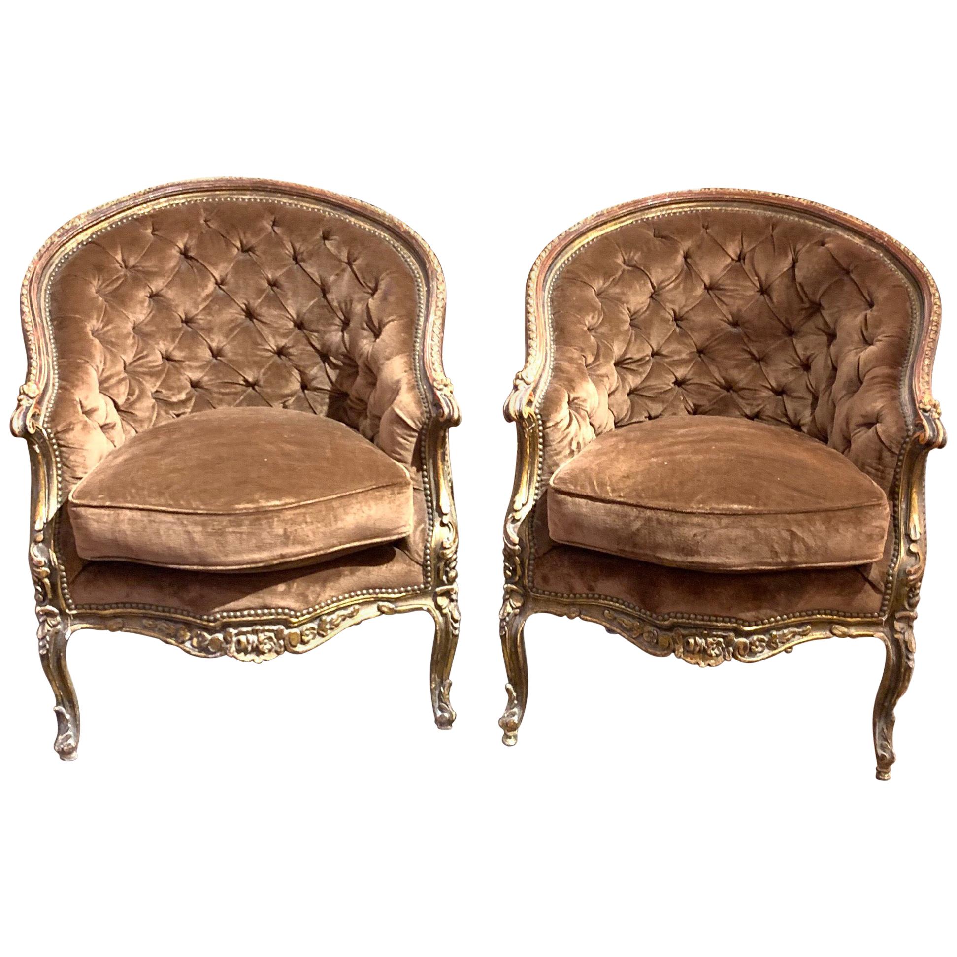 Pair of French Louis XV Style Carved and Gilded Bergères
