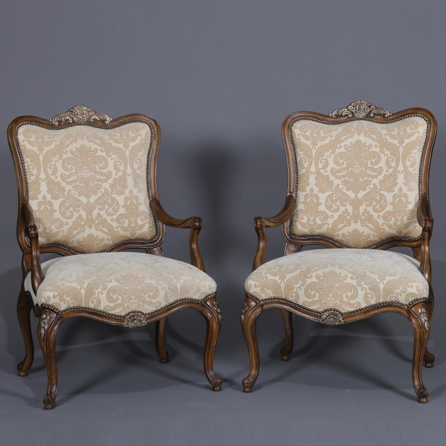 Pair of French Louis XV Style Carved and Gilt Mahogany Fauteuil Chairs 1