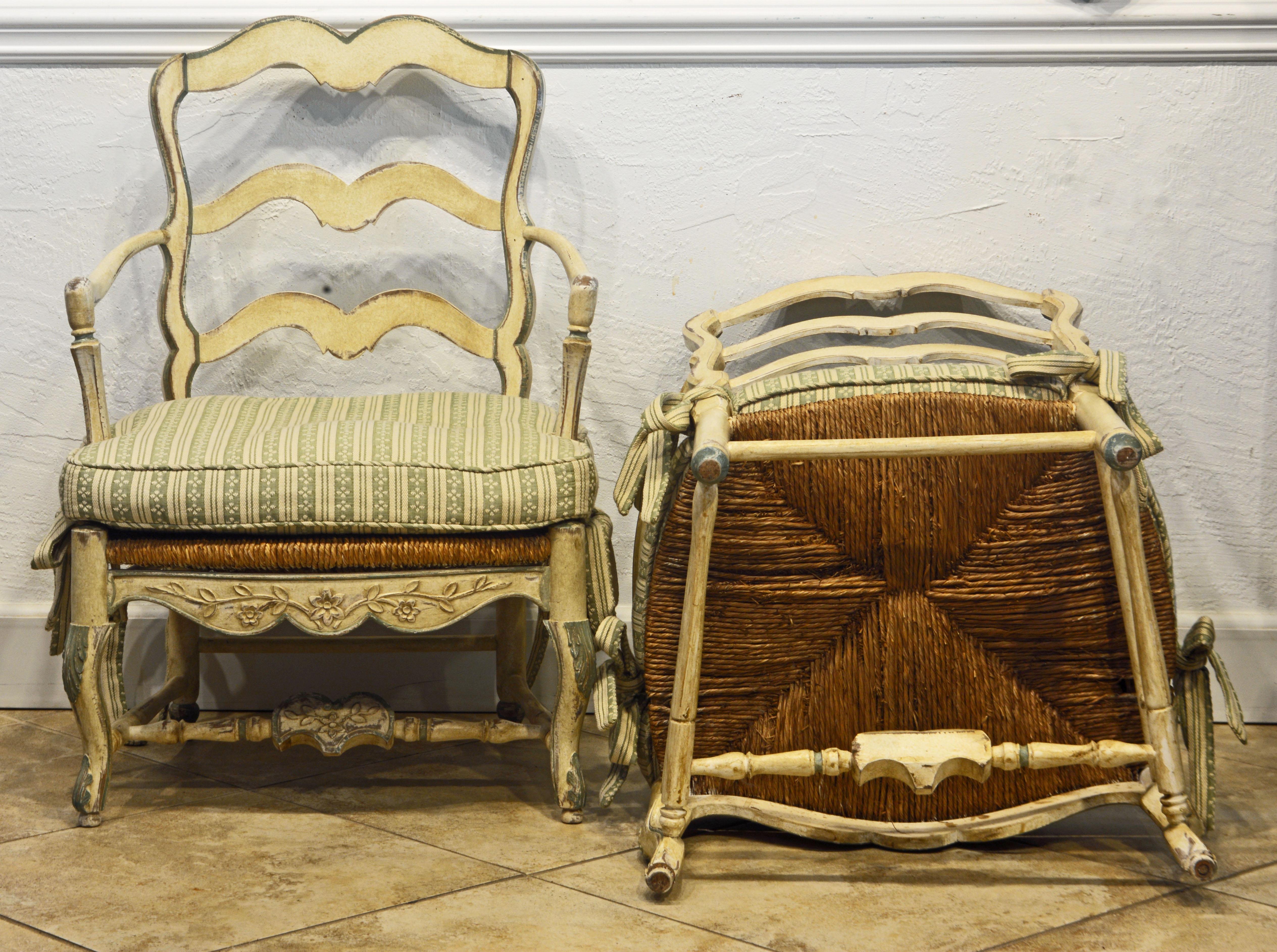 Fabric Pair of French Louis XV Style Carved and Painted Bergere Chairs, 20th Century