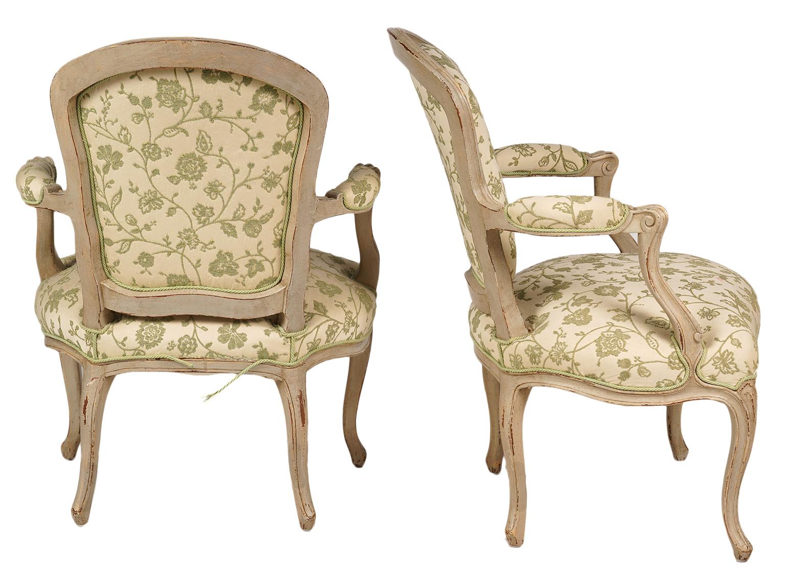 Pair of French Louis XV Style Carved and Painted Upholstered Armchairs In Good Condition In Ft. Lauderdale, FL