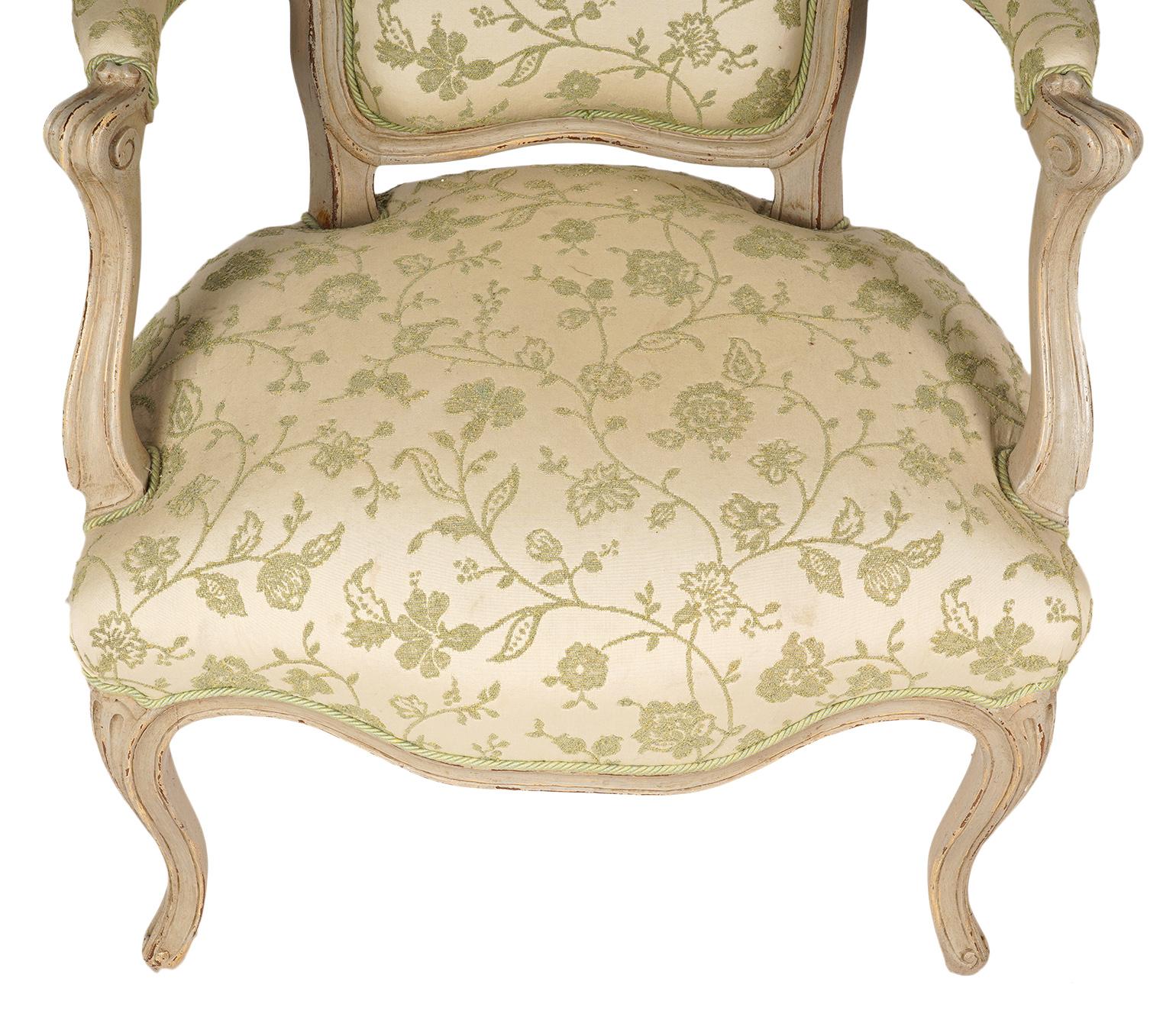 Fabric Pair of French Louis XV Style Carved and Painted Upholstered Armchairs