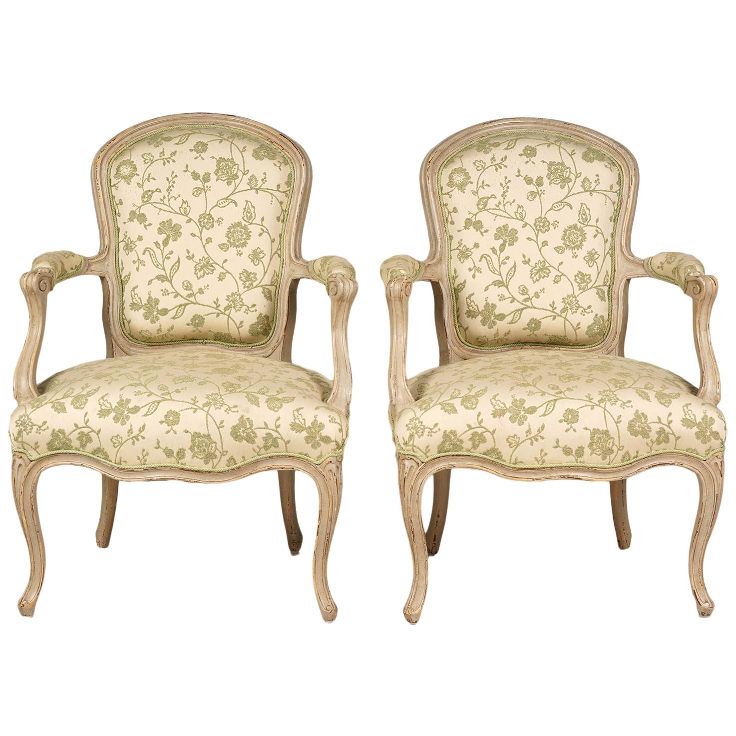 Pair of French Louis XV Style Carved and Painted Upholstered Armchairs