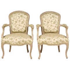 Pair of French Louis XV Style Carved and Painted Upholstered Armchairs