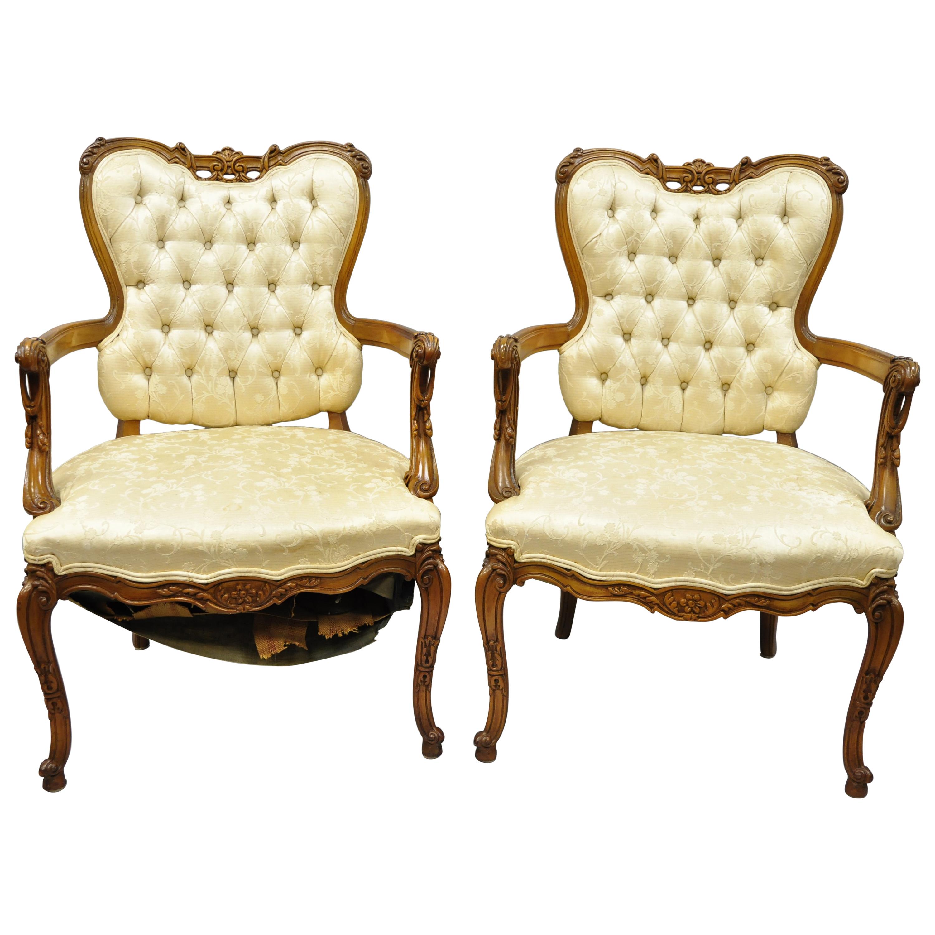 Pair of French Louis XV Style Carved Fireside Armchairs