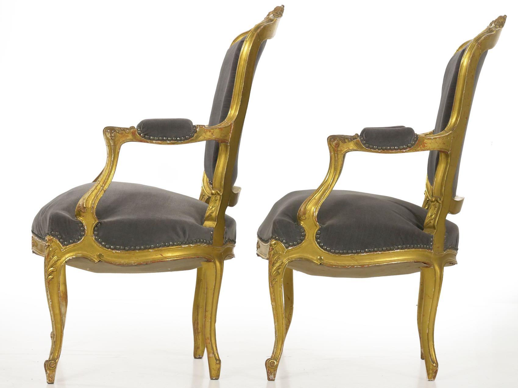 Pair of French Louis XV Style Carved Giltwood Antique Armchairs, circa 1900 5