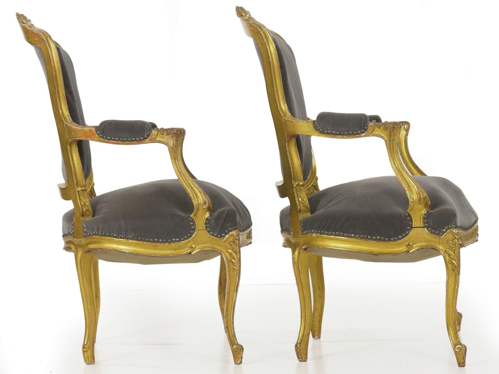 Pair of French Louis XV Style Carved Giltwood Antique Armchairs, circa 1900 15