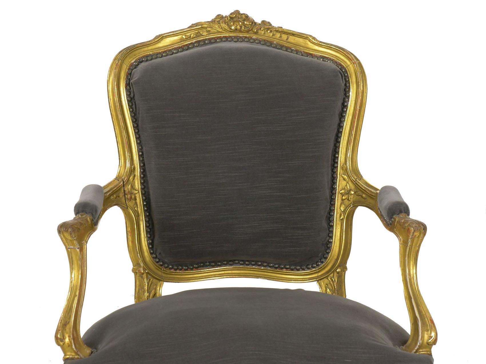 Pair of French Louis XV Style Carved Giltwood Antique Armchairs, circa 1900 In Fair Condition In Shippensburg, PA