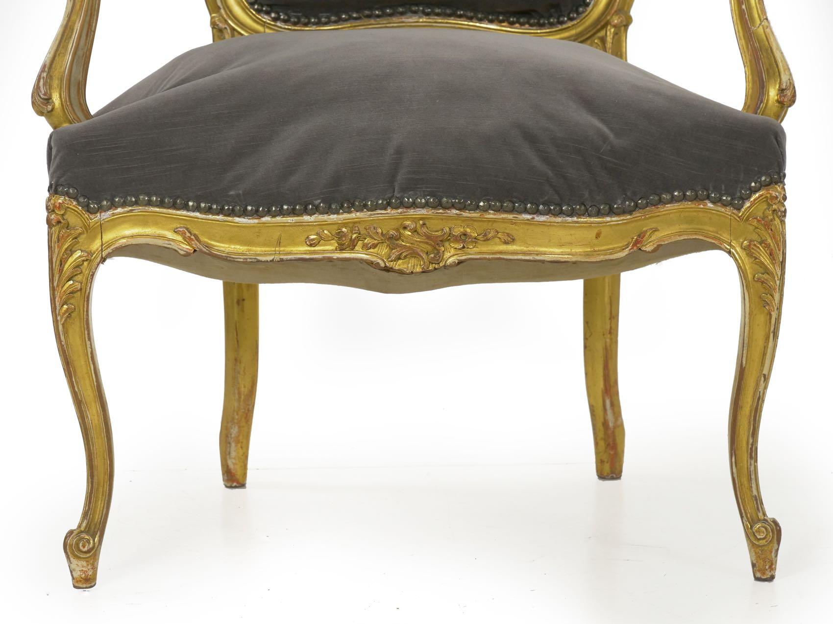 20th Century Pair of French Louis XV Style Carved Giltwood Antique Armchairs, circa 1900