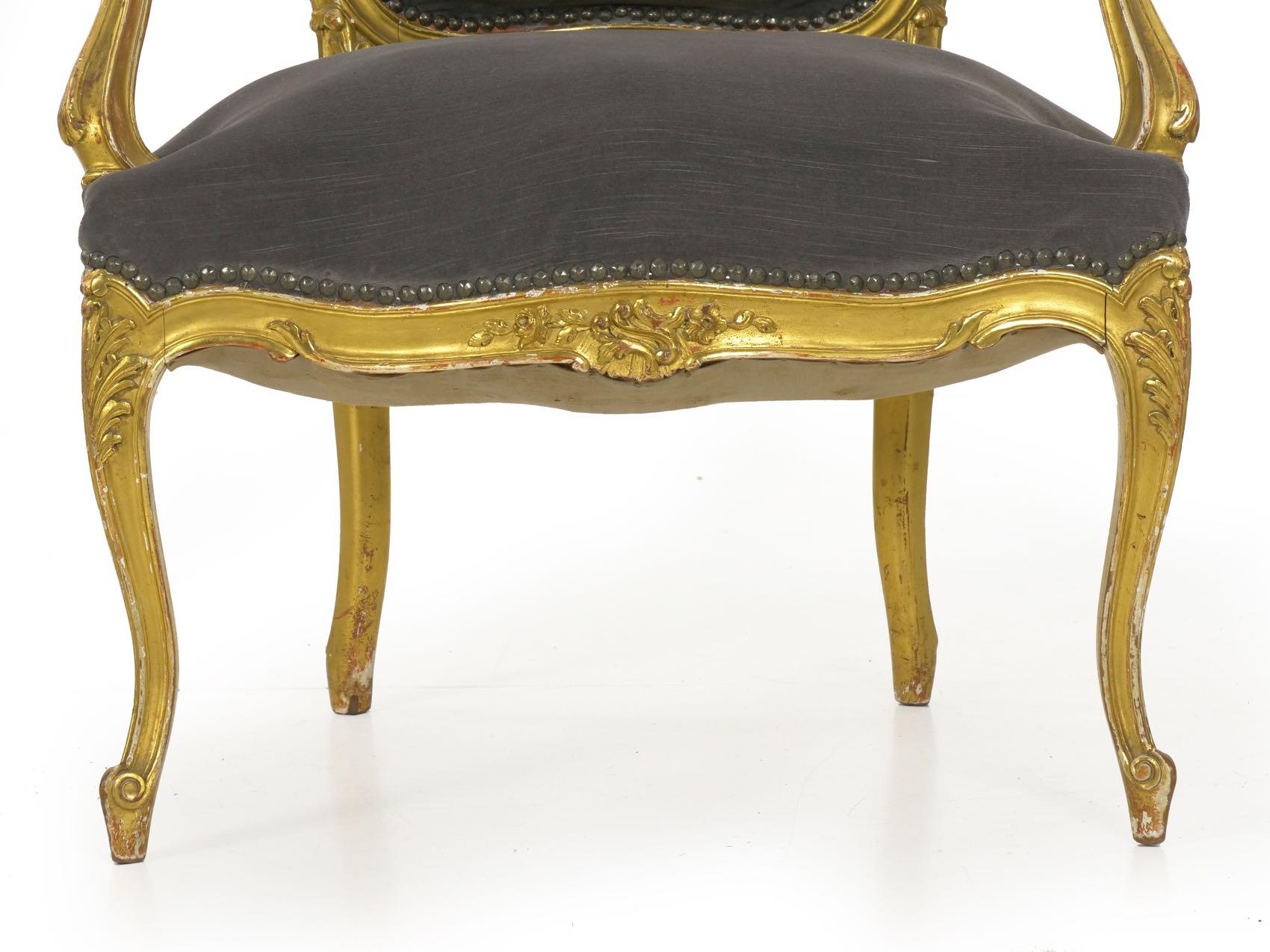 Fabric Pair of French Louis XV Style Carved Giltwood Antique Armchairs, circa 1900