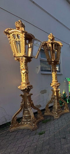 Pair of French Louis XV Style Carved Giltwood Street Lamps with Rococo Lanterns